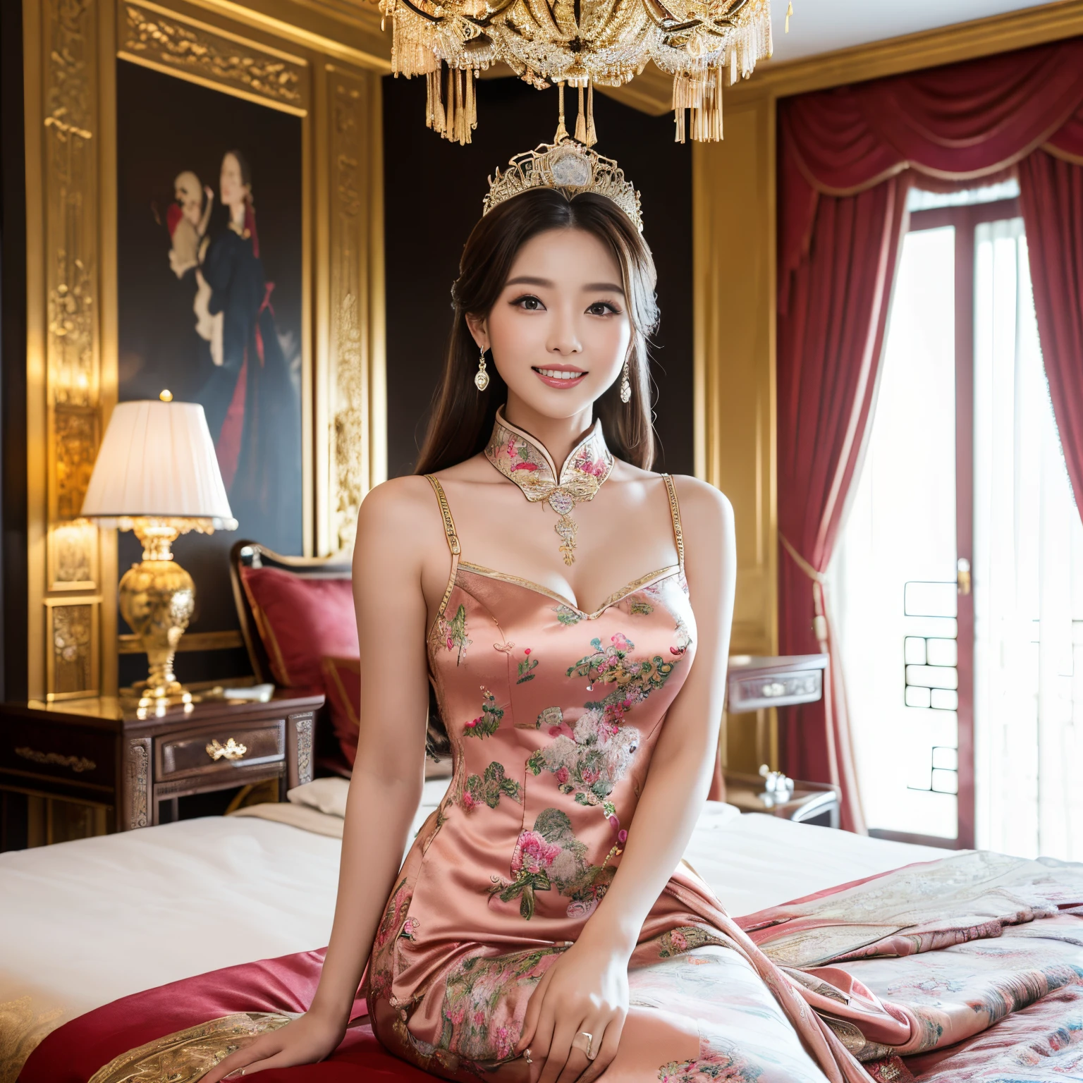 ((top-quality、masutepiece、8K、Top image quality、Very complex and detailed details))、(Chinese princess upper body photo:1.5)、((chinese princess、An elegant princess、most gorgeous chinese princess costume、gorgeous chinese style lighting、Gorgeous curtains、gorgeous floor、chinese style royal family、intricately decorated walls、Chinese style luxury interior、the most complex and luxurious royal family、An unimaginably luxurious princess room、Very complex decoration、highly detailed princess room))、(View me、Look at viewers、perfect anatomia、Biggest smile、The happiest smile)