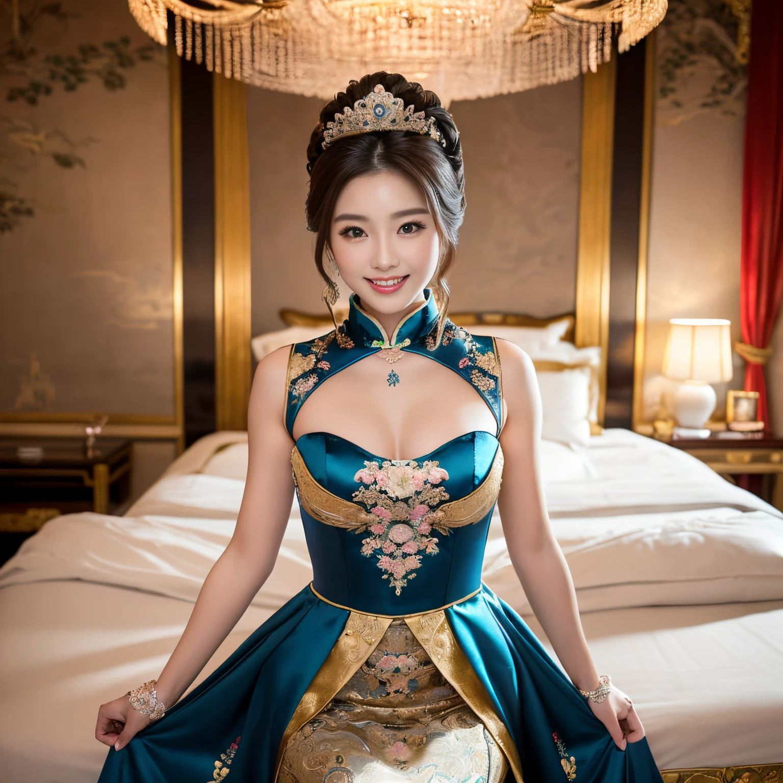 ((top-quality、masutepiece、8K、Top image quality、Very complex and detailed details))、(Chinese princess upper body photo:1.5)、((chinese princess、An elegant princess、most gorgeous chinese princess costume、gorgeous chinese style lighting、Gorgeous curtains、gorgeous floor、chinese style royal family、intricately decorated walls、Chinese style luxury interior、the most complex and luxurious royal family、An unimaginably luxurious princess room、Very complex decoration、highly detailed princess room))、(View me、Look at viewers、perfect anatomia、Biggest smile、The happiest smile)