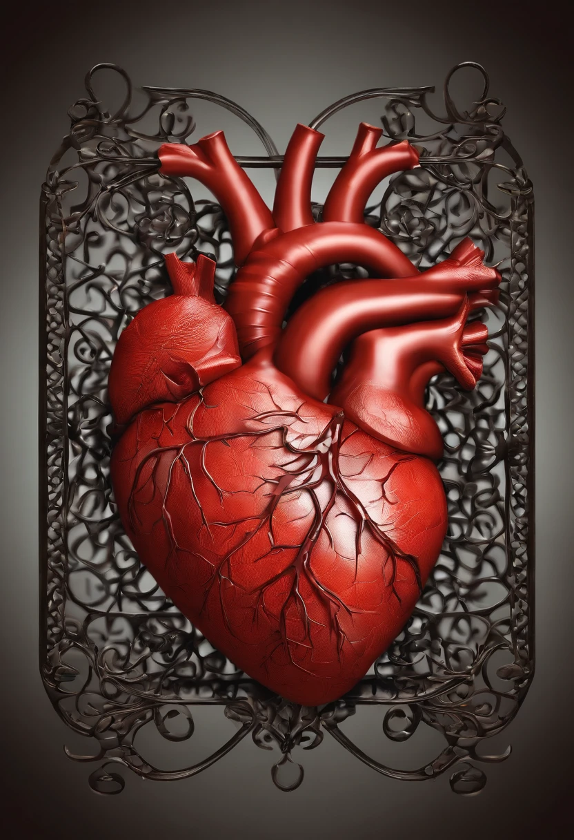 Por favor, Generate an image that represents a human heart formed from a combination of meat., barro y piedra. The heart must be wrapped in chains that hold it firmly.., Representando fuerza y vulnerabilidad al mismo tiempo..el fondo de la image es de color coral