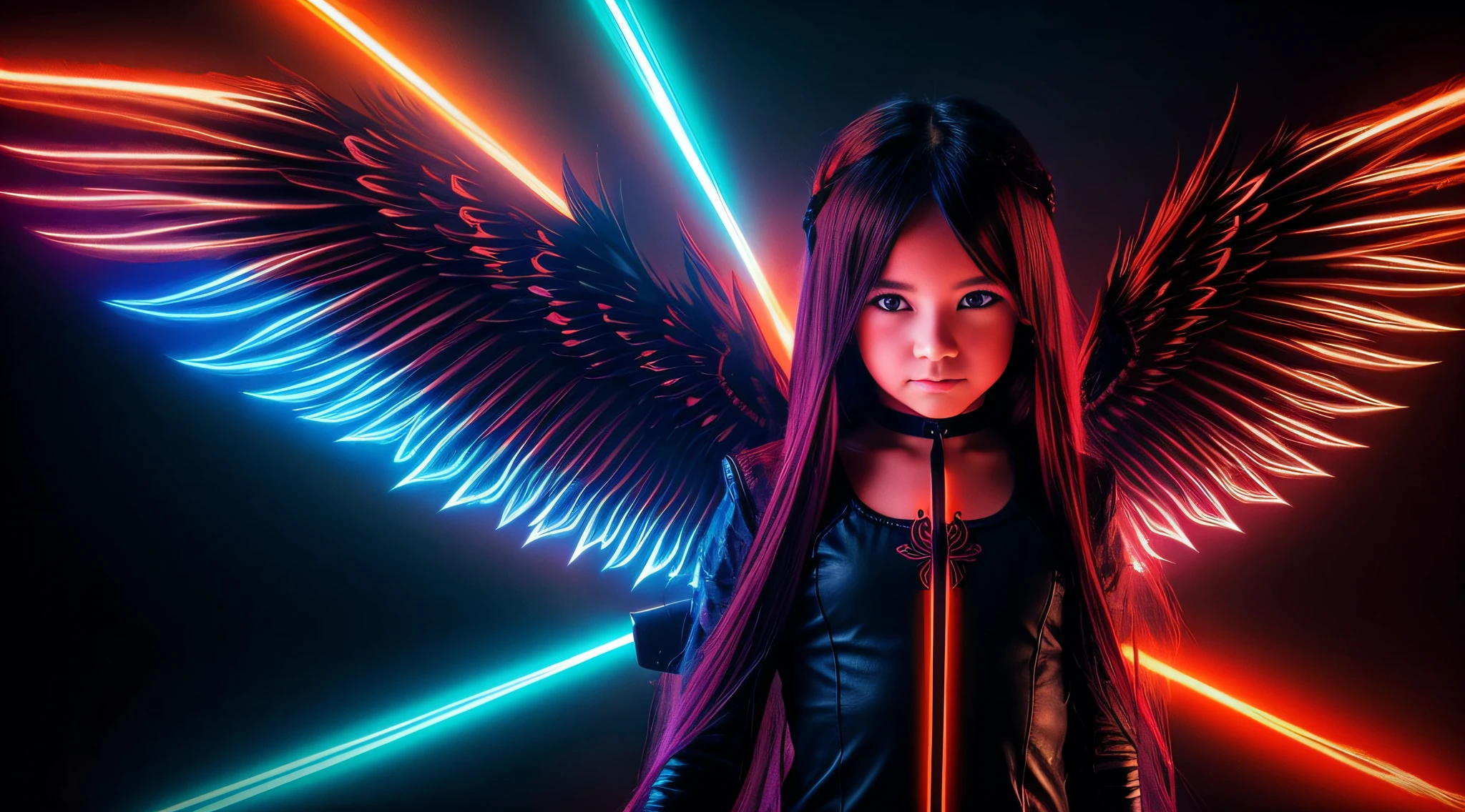 FIREHAIR child girl LONG HAIR, com asas em um fundo VERDE DOENTE, Asas pretas ligeiramente queimadas, Asas Negras, lasers azuis, fundo preto. neon cross,