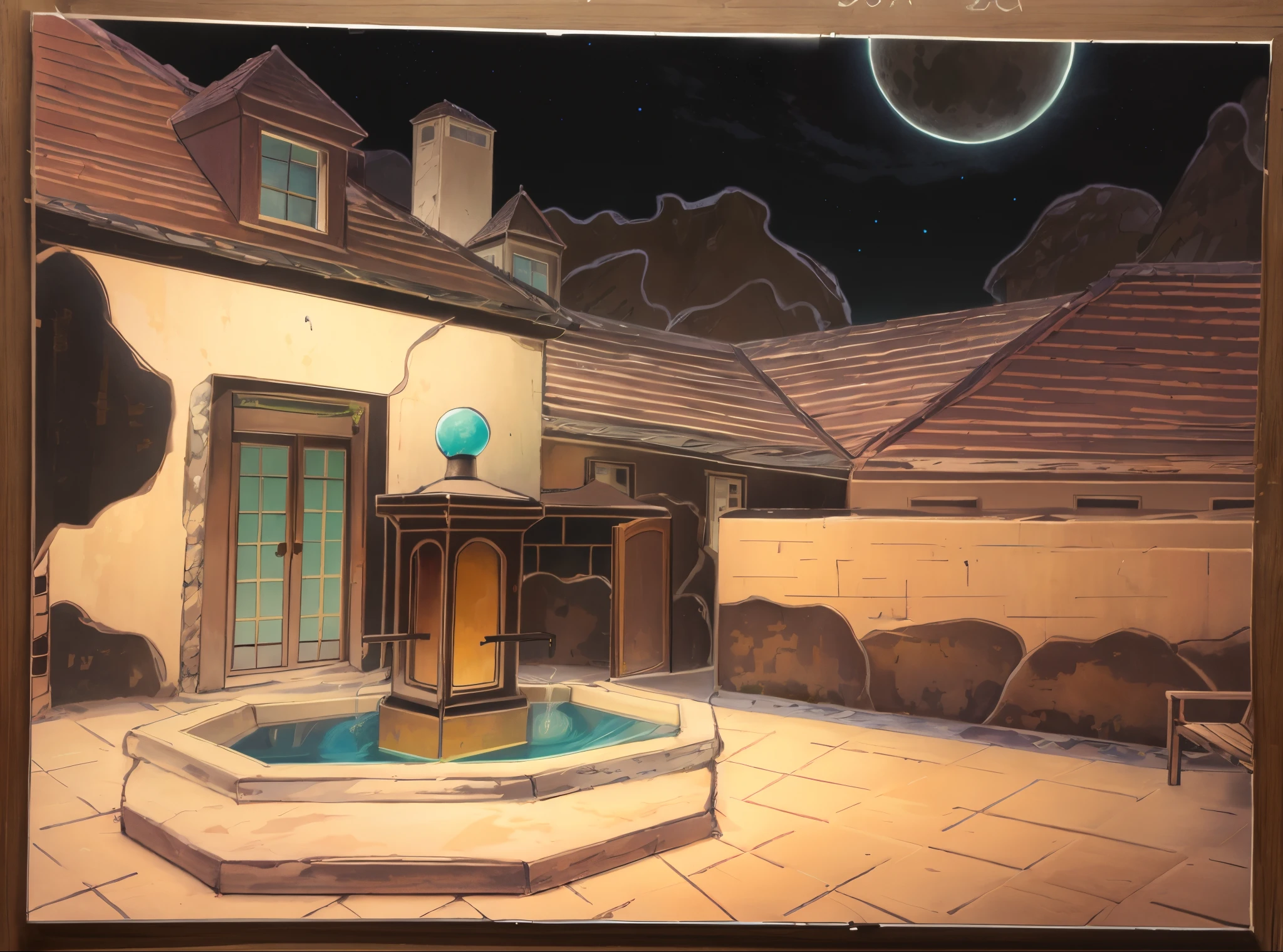 drawing of a courtyard with a fountain and a yellow balloon, 2 point perspective, 3 d point perspective, 2 - point perspective, 1-point perspective, 6 point perspective, concept drawing, single point perspective, one point perspective, two point perspective, six point perspective, 3 point perspective, 5 point perspective, two-point perspective, 3-point perspective, point perspective, night sky with one moon