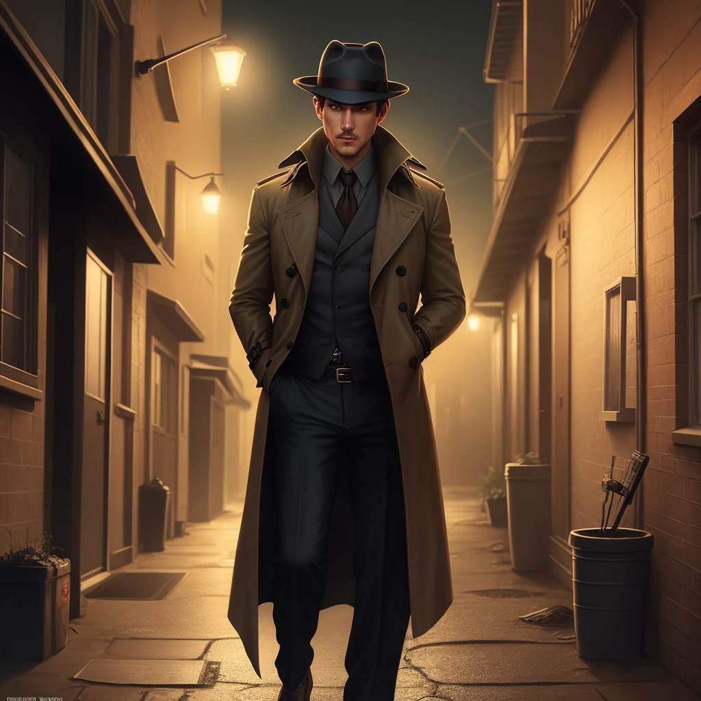 a mysterious detective with a fedora and trench coat solving a crime in a dimly lit alley pulp art