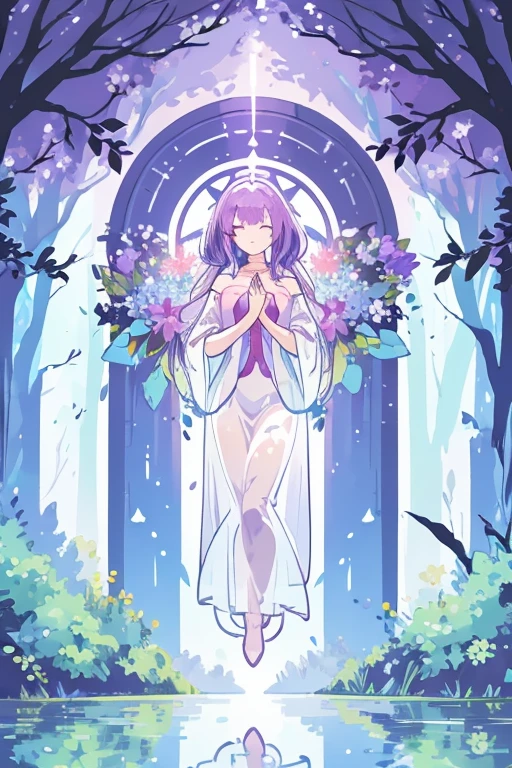 reflection of trees, ethereal mist, colorful flowers, magical creatures, shimmering sunlight, serene atmosphere, tranquil vibes, enchanting beauty, hidden treasures, ethereal music, surreal landscape, soothing sounds of nature, mesmerizing aura, gentle breeze, vibrant wildlife, mystical energy, divine presence, hidden pathways, ancient ruins, majestic waterfalls, infinite possibilities, spiritual awakening, peaceful harmony, transcendent experience, celestial beings, ethereal glow,girl with gradient black and purple hair , clear face