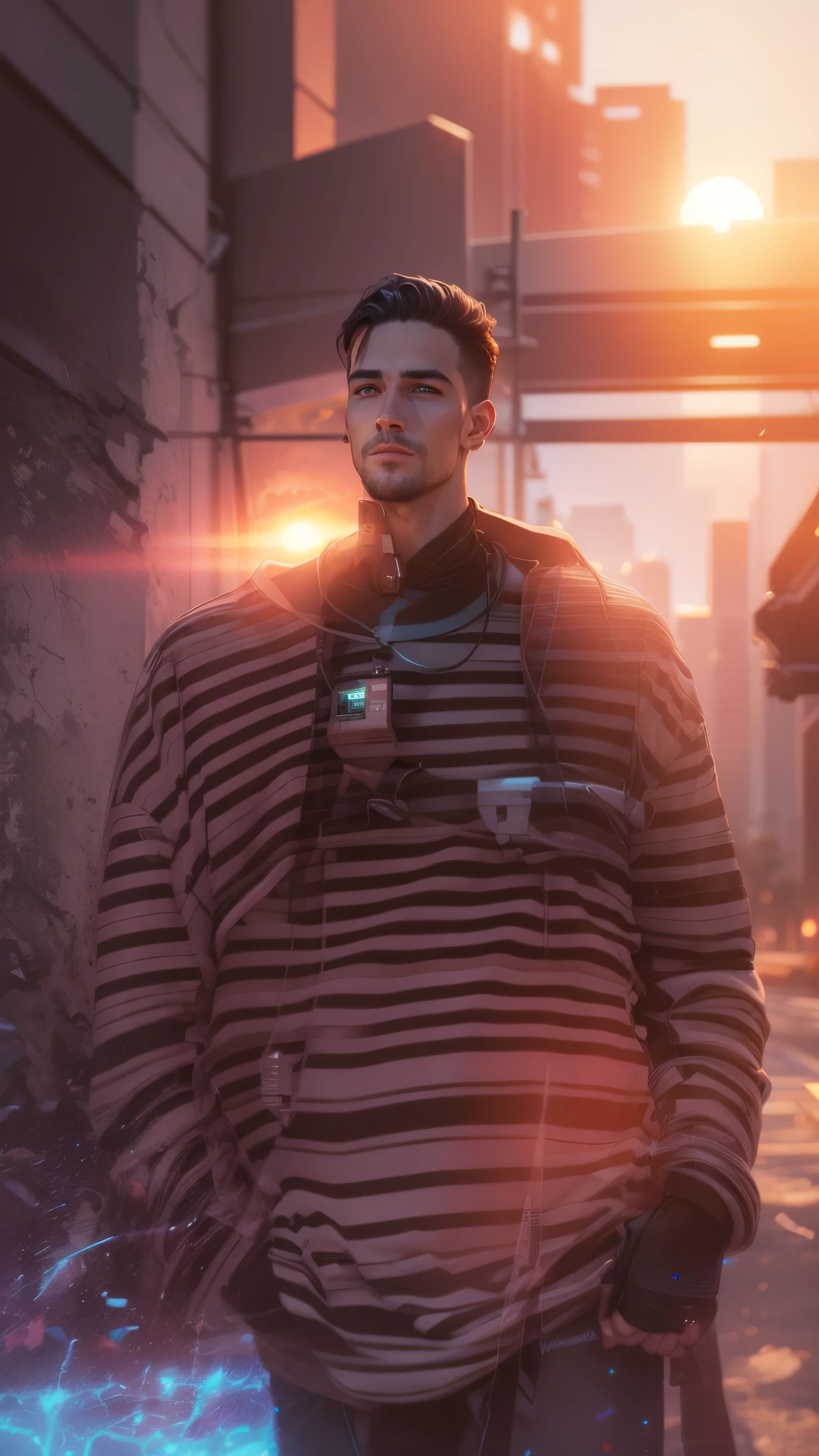 Realistic face, cyberpunk, good looking, handsome boy, sunset view in this person background, 8k regulations