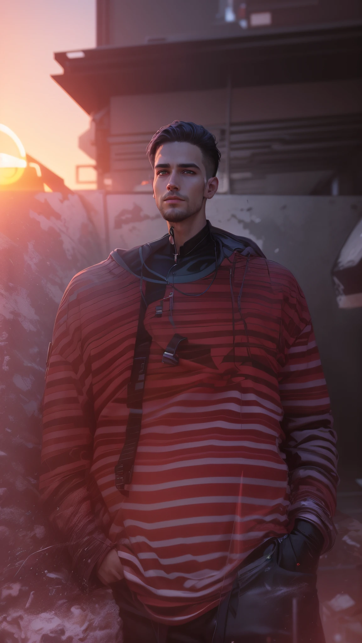 Realistic face, cyberpunk, good looking, handsome boy, sunset view in this person background, 8k regulations
