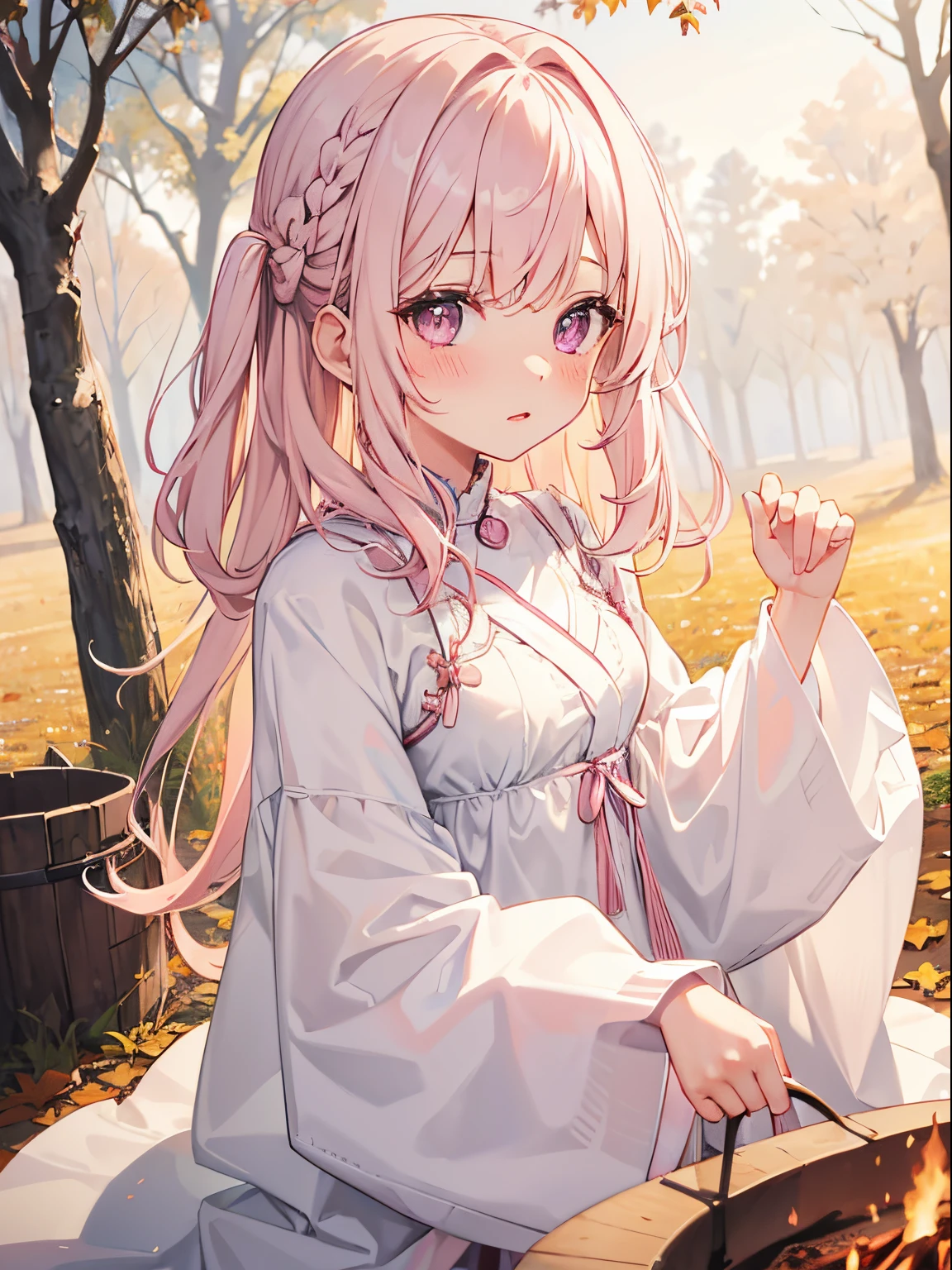 1girl in, White medium hair, Light pink eyes, center parted hair, Cute, blush, medium breasts, autumnal, campsite, bonfire