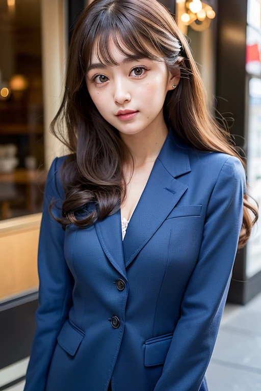big sexy eyes, Raw photo、32K (Japan idle), Cute bangs,long curly brown hair, Seductive smile, blush,, (((wearing a deep blue suit))), (tiffany shop), Raw photo, extremely delicate and beautiful, 超A high resolution, ((((20 year old beautiful woman with half face))))　Model figure wearing micro miniskirt