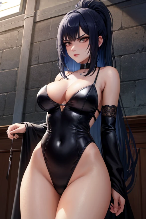 melhor qualidade, alta resolução, imagem diferente, plano de fundo detalhado, mulher, middlebreasts,random wear, cabelos negros longos, ,proxima a janela a noite , dutch angle, Long Launch, serious look,imponente, sensual, sinistra vampira, usando uma roupa gotica