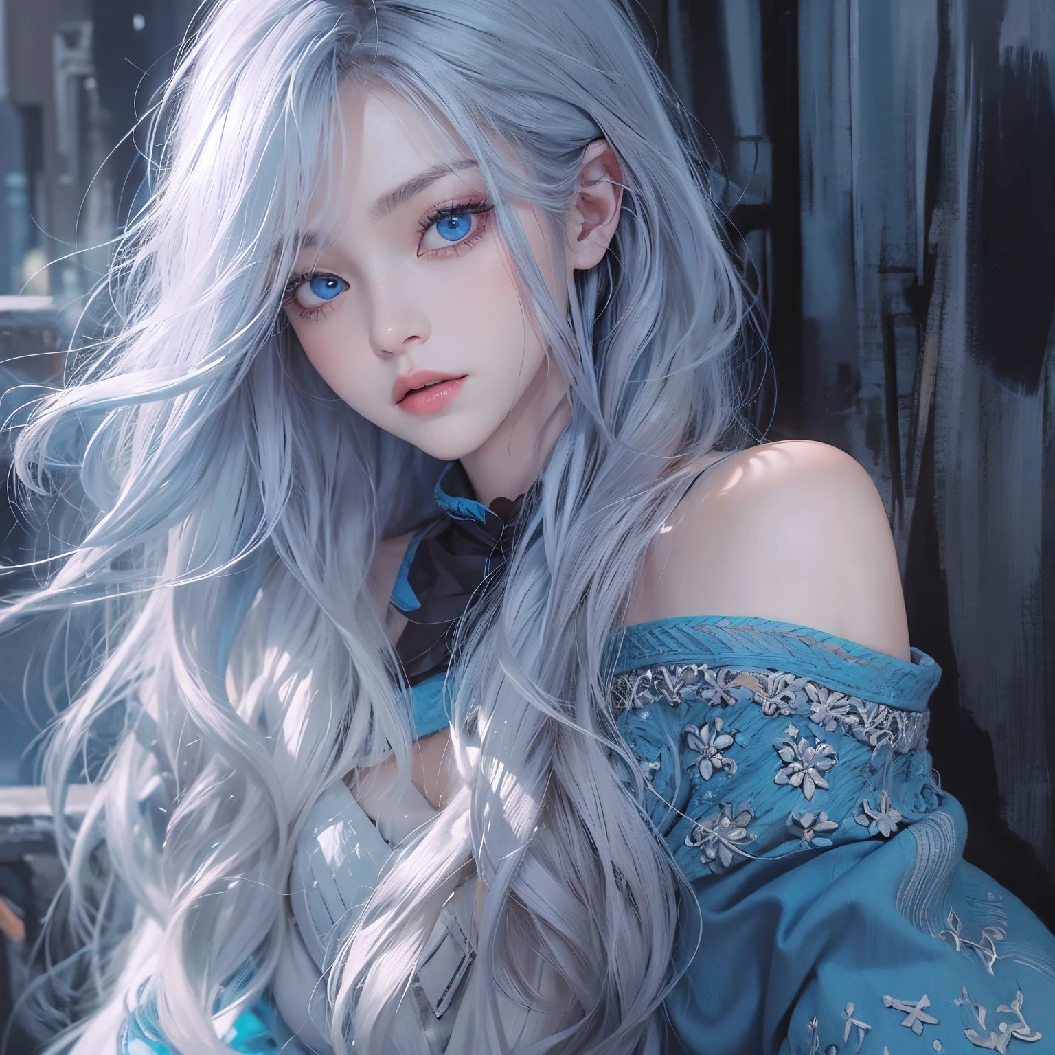long white hair、Blue eyes、Cool Woman、Wear a black and blue off-shoulder knit、hand goes down、Face Focus、Upper body only、16k image、Beautiful background with blue design on black、Beautiful work、artistic