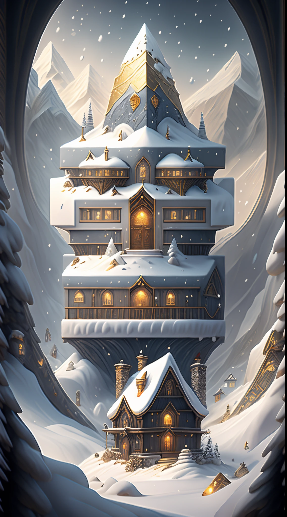 snow mountains,The House of Gold,Blizzarding,3Drenderingof,Fantasyart,Surreal,,the ultra-detailed,