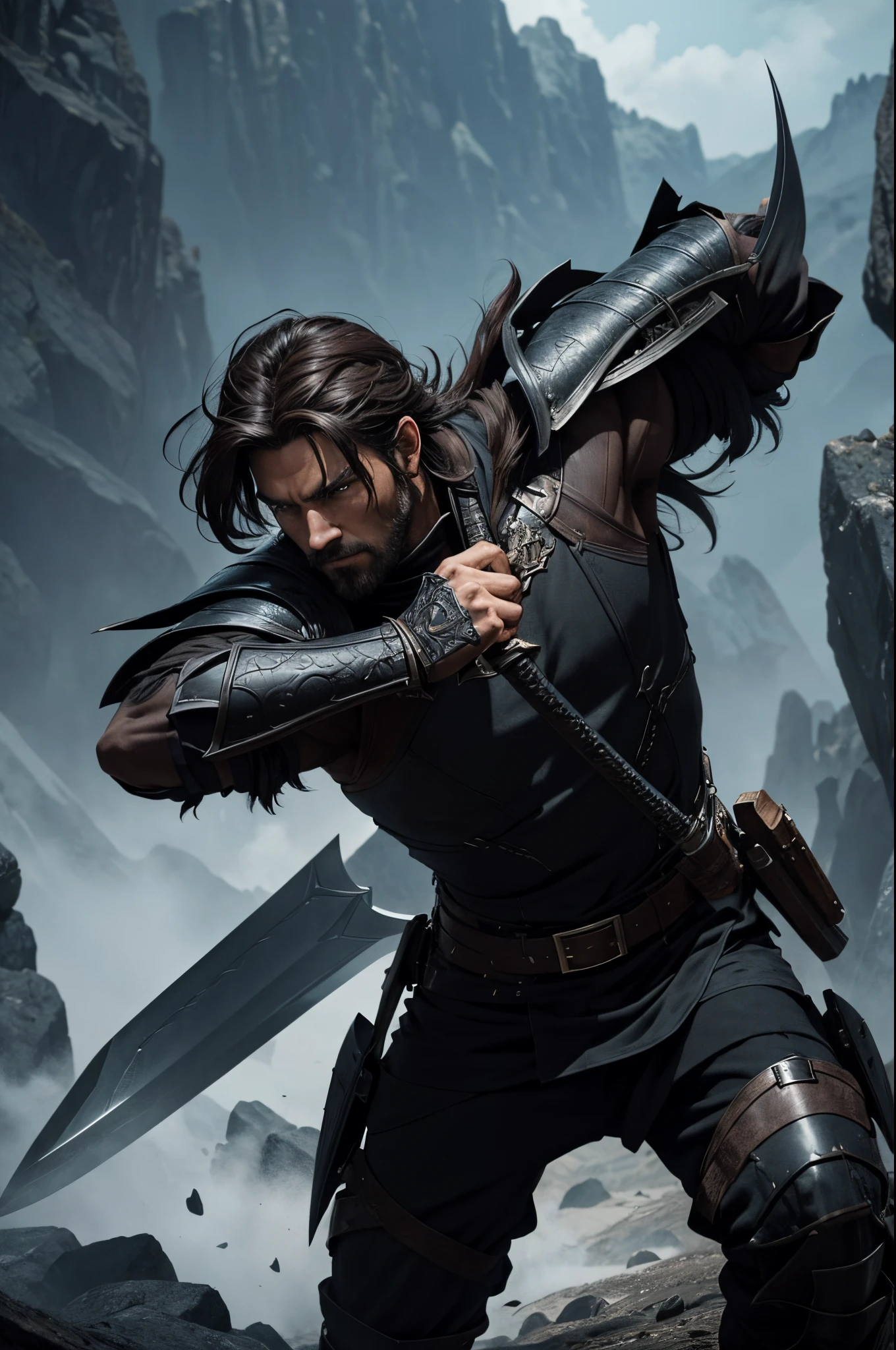 8K,A man in jet black armor holding a sword in the wilderness,Demon slayer wearing jet black armor, disheveled brown hair,Super handsome,Graphic Artist ,epic exquisite character art, 超A high resolution,super realistic skin,Fantasyart,