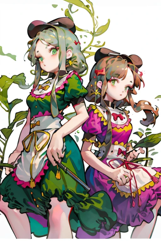 tmasterpiece, Best quality,  multiple girls, 2  girls, Brown hair, Trida Damai, There is cleavage, Green-eyed, Rino Nishida, a skirt, with her mouth open, aprons, waist apron, Brown eyes, ssmile, Liwugan, hand on hips, Green dress, short- sleeved, Green hair, looking at viewert, bamboos, bobbed long hair, Fluffy sleeves, purple dress, puffy short sleeves, ribbons, the bow, pinkskirt,