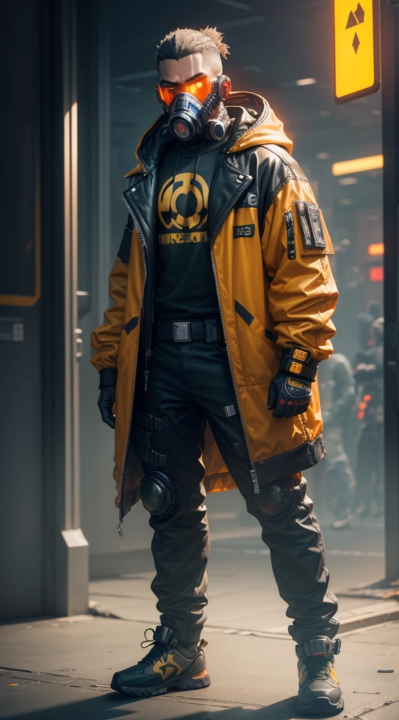 Man in hood and yellow gas mask and futuristic costume cyberpunk 2077 style with orange effects and with hands in pocket looking at the viewer and gray background