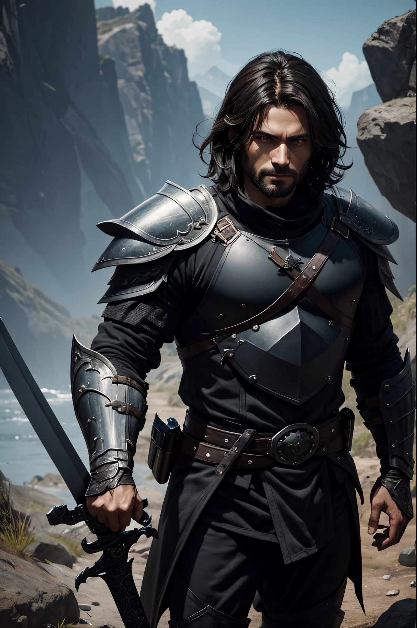 8K,A man in jet black armor holding a sword in the wilderness,Demon slayer wearing jet black armor, disheveled brown hair,Super handsome,Graphic Artist ,epic exquisite character art, 超A high resolution,super realistic skin,Fantasyart,