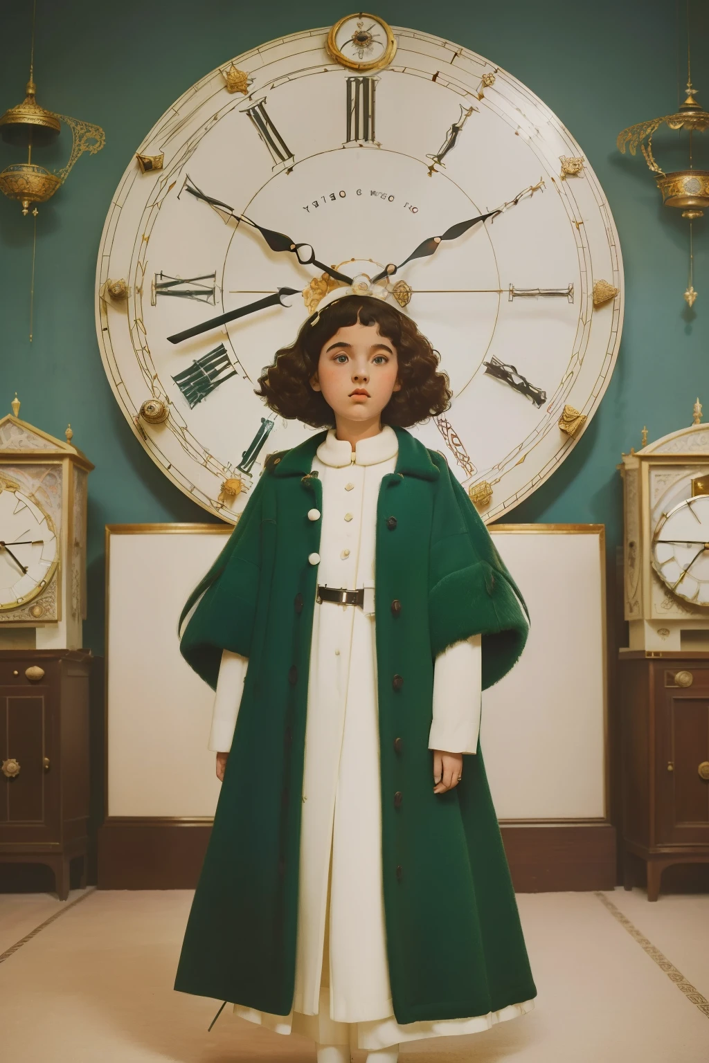 mysterious white magical city. ((wide view)) inside a Palace room full of ((((many hundreds of clocks)))). Pre-raphaelite ((((9-year-old)) Momo)), homeless girl, messy short curly hair, oversized coat, ((((big and unkempt Clothing from the 1960s)))), ((curly Hairstyle of the 1960s)), ((Wes Anderson cinematic style)), colorful