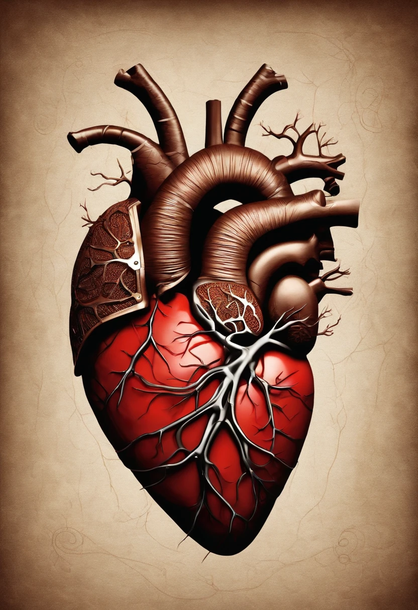 Por favor, Generate an image that represents a human heart formed from a combination of meat., barro y piedra. The heart must be surrounded by wires
