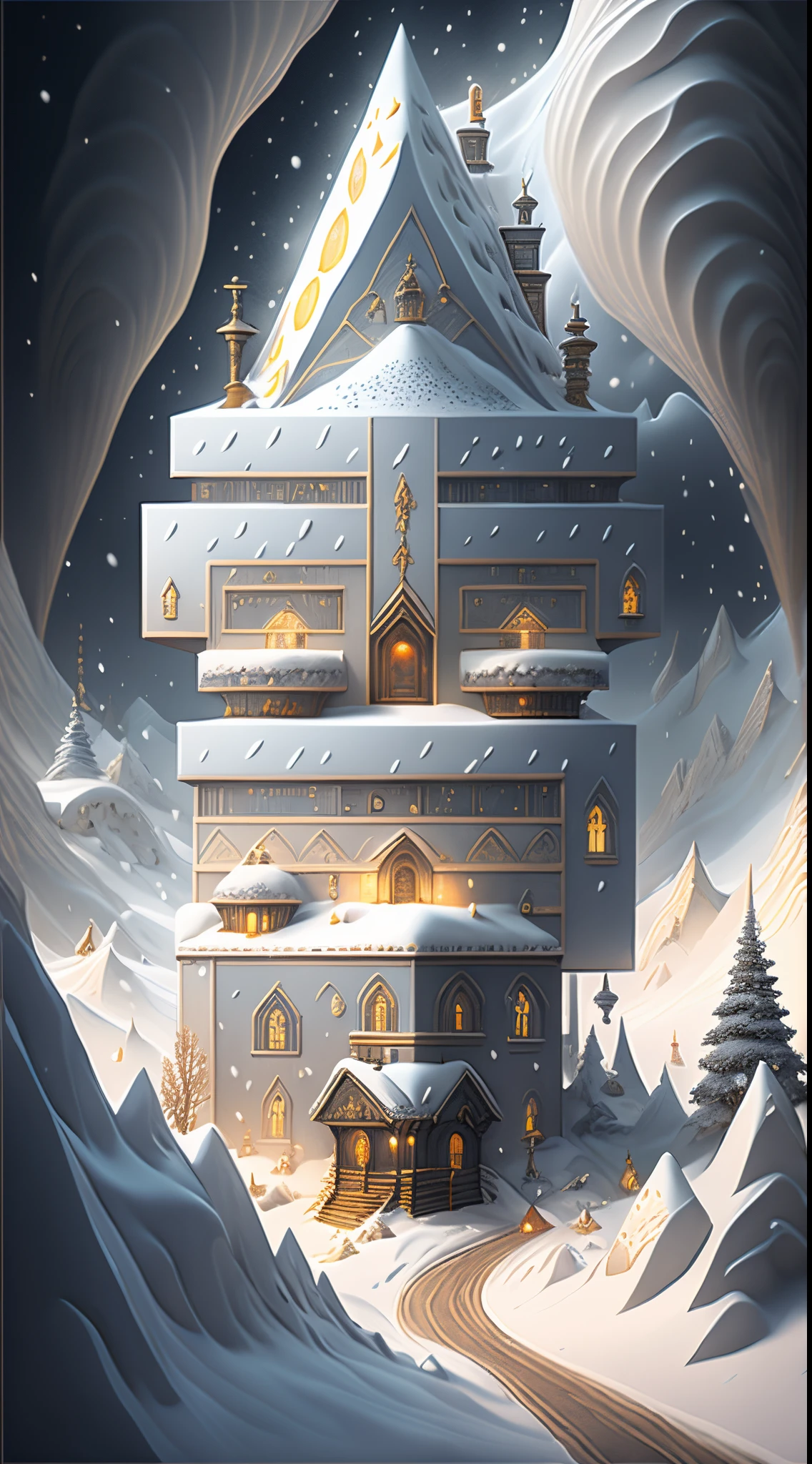 snow mountains，The House of Gold，Blizzarding，3Drenderingof，Fantasyart，Surreal，,the ultra-detailed,