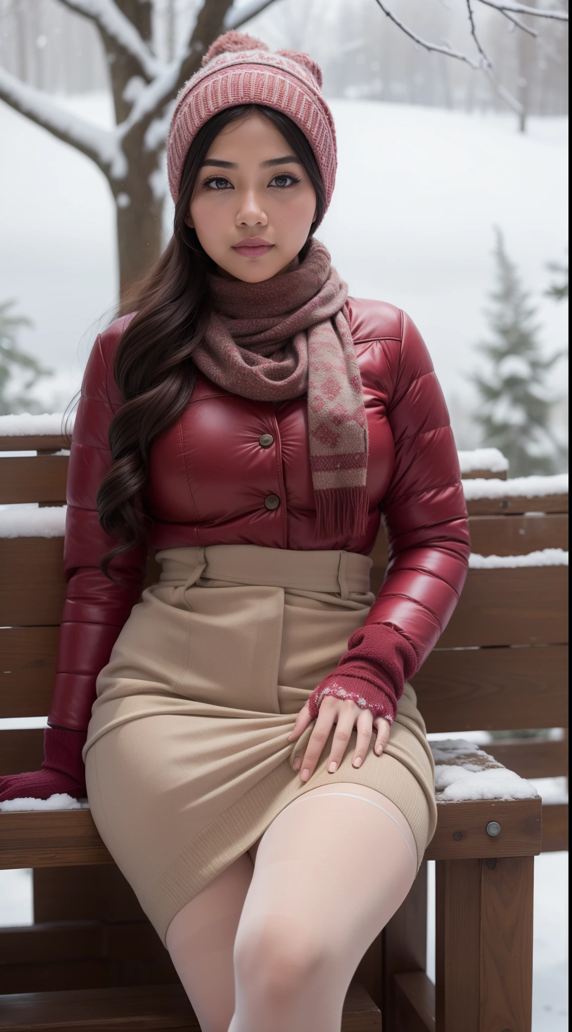 RAW, Best quality, high resolution, masterpiece: 1.3), beautiful Malay woman in hijab (iu:0.8)1beautiful Malay woman , ((beautiful face)), watery eyes, perfect lips, big eyes,big breast, In winter, snowy, girly, ski cap, scarf, big sweater, down jacket, long skirt, pantyhose, thick leather boots, holding a thermos cup in both hands, red cheeks, plush gloves, sitting under a tree, spreading her legs