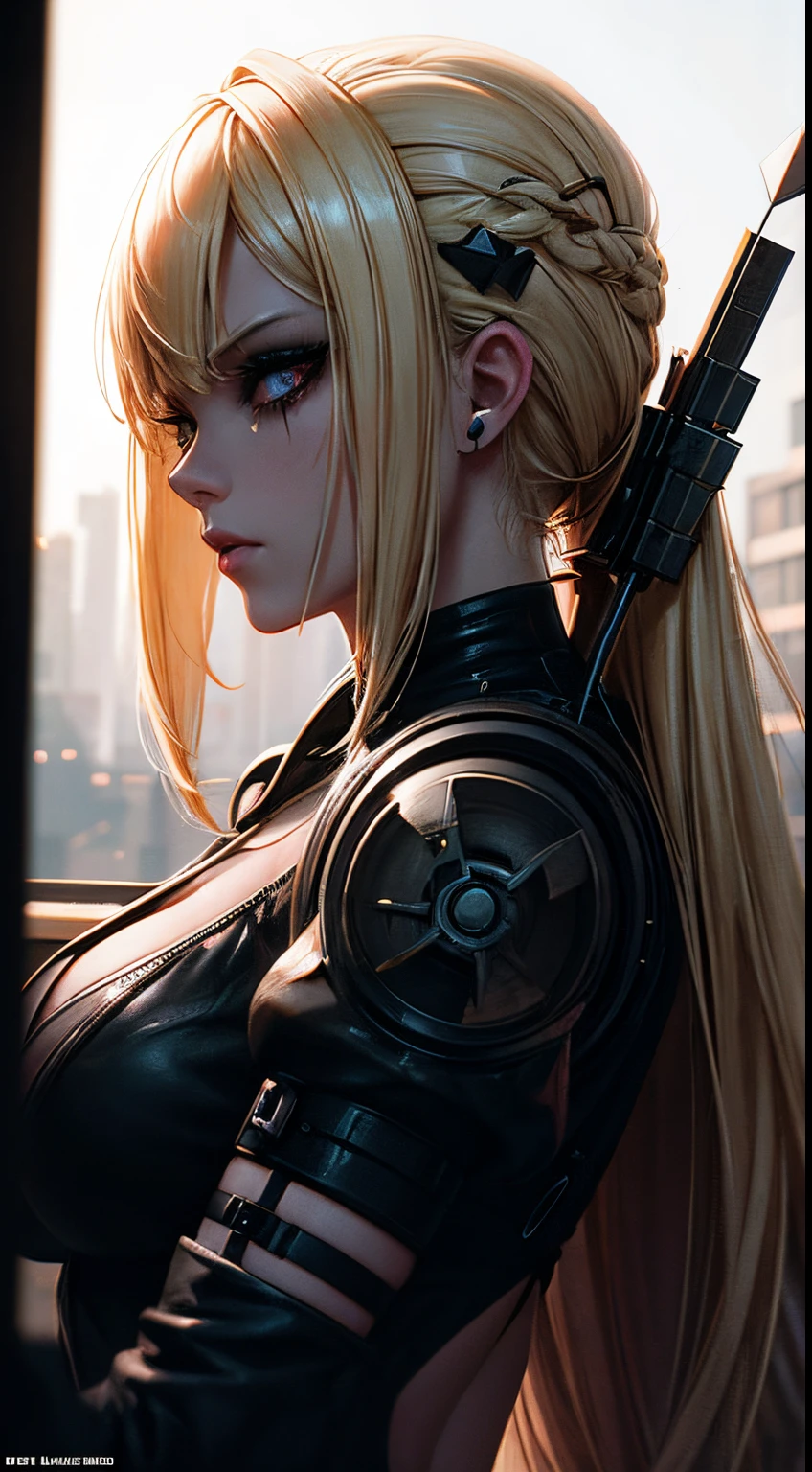 A beautiful and sweet cyberpunk blonde, a digital painting of a woman with Love Makeup with arrows, Heart-shaped makeup, cgsociety, gothic art, dystopian art, detailed painting, behance hd, figurative art, anime aesthetic, deep photography, Ilford HP5 film, crushed blacks, depth of field, dark photo, film grain, shadows, natural light