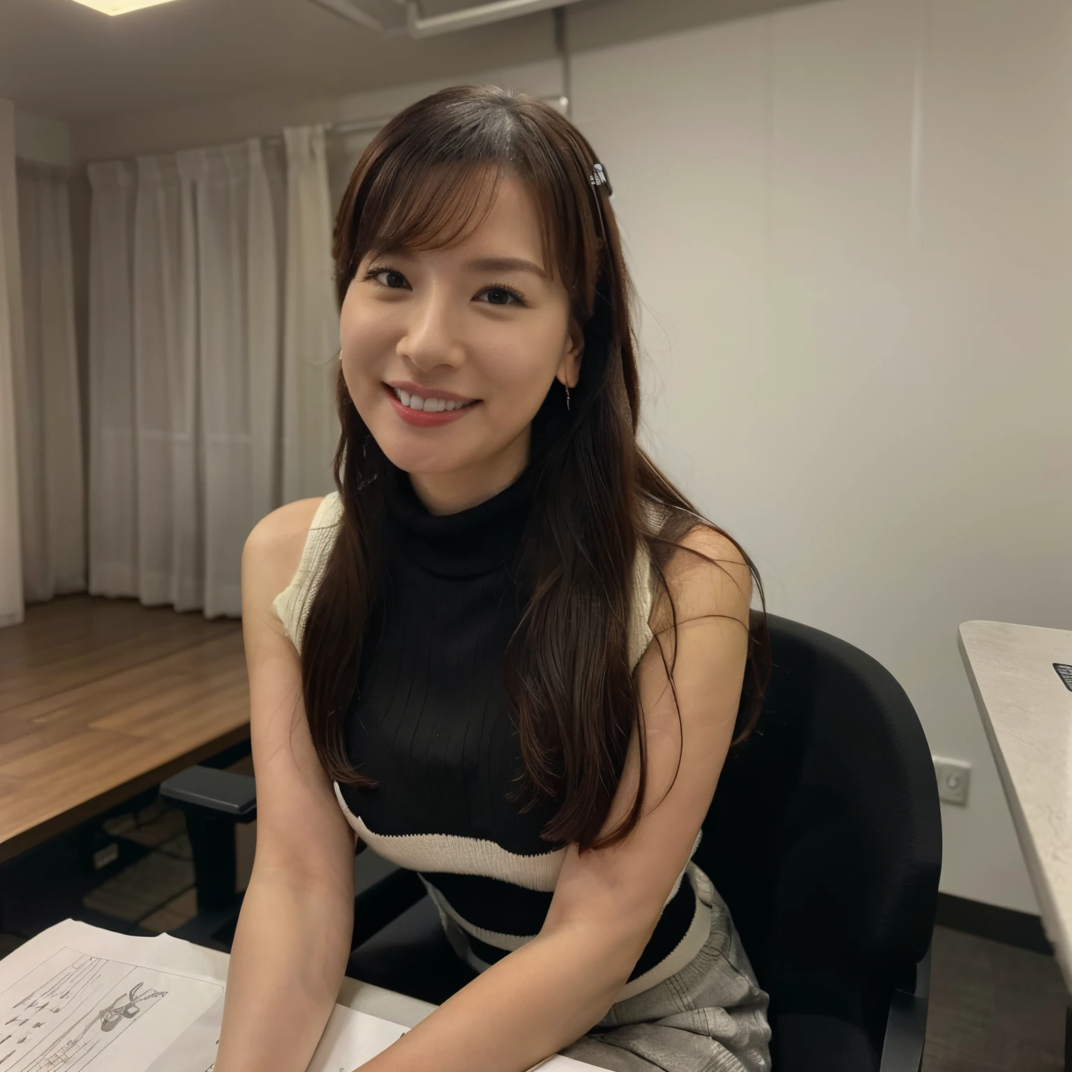(masterpiece:1.2, Best Quality:1.2), 32K HDR, High resolution, Solo, 1girl in, (ultra-realistic portrait of KaitoAiko:1.1), Japanese news caster), (Black hair, Long hair), (sweater, sleeveless, turtle neck:1.3,, chest opening, skirt, reading paper, sitting on the chair, front view), breasts, ((news, realistic TV studio, on air, broadcast)), Detailed eyes, Detailed skin texture, detailed face,