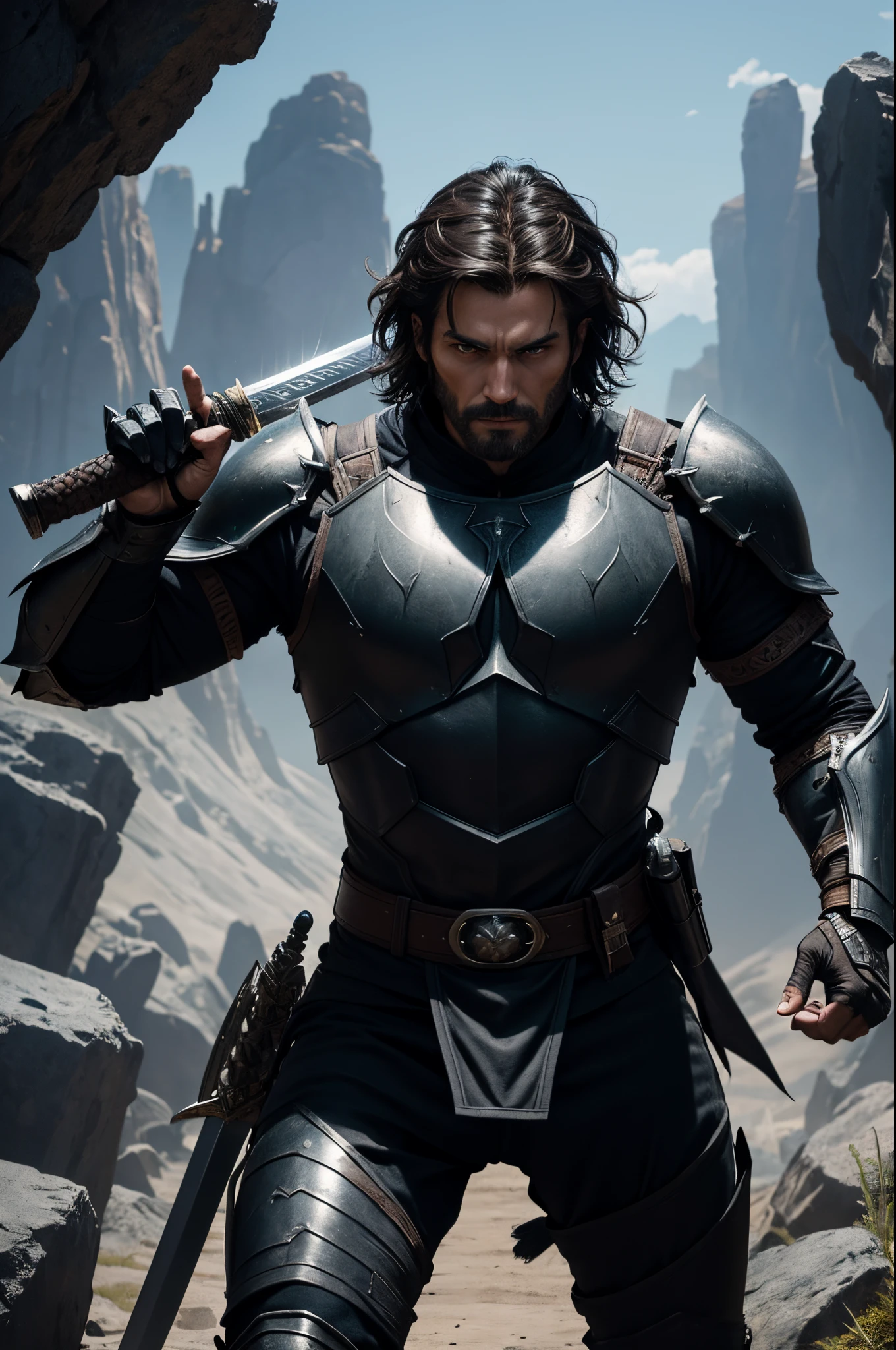 8K,A man in jet black armor holding a sword in the wilderness,Demon slayer wearing jet black armor, disheveled brown hair,Super handsome,Graphic Artist ,epic exquisite character art, 超A high resolution,super realistic skin,Fantasyart,action scene,acrobatic scene,
