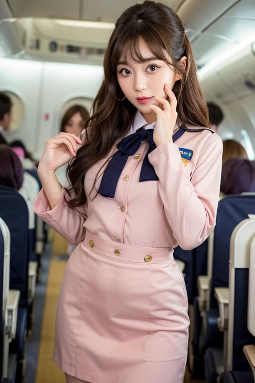 big sexy eyes, Raw photo、32K (Japan idle), Cute bangs,long curly brown hair, Seductive smile, blush,, (((Wearing a stewardess uniform))), (tiffany shop), Raw photo, extremely delicate and beautiful, 超A high resolution, ((((20 year old beautiful woman with half face)))) The lower body has a model body wearing a skirt.