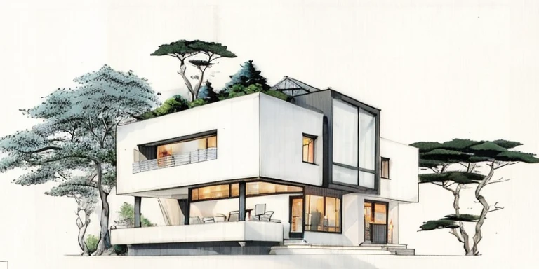 a drawing of a house with a lot of windows and a lot of trees, ( streamline moderne ), streamline moderne, architectural illustration, architecture drawing, by Enrique Grau, architectural rendering, detailed line drawing, japanese villa syd mead, architectural drawing, architectural sketch, architectural concepts, by Tadeusz Kantor, architectural concept, by Hans Fischer