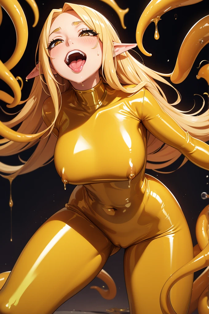 Long Golden hair woman, leaning forwards, big breast, wet pussy, lewd face, opening mouth smiling and sticking out tongue, looking up, blushes cheeks, Shiny Golden latex slider suit with hidden skin, Shiny Golden latex gloves, Shiny Golden latex leggings, small Shiny Golden latex slime tentacles on edge of chin, Shiny Golden slime dripping.