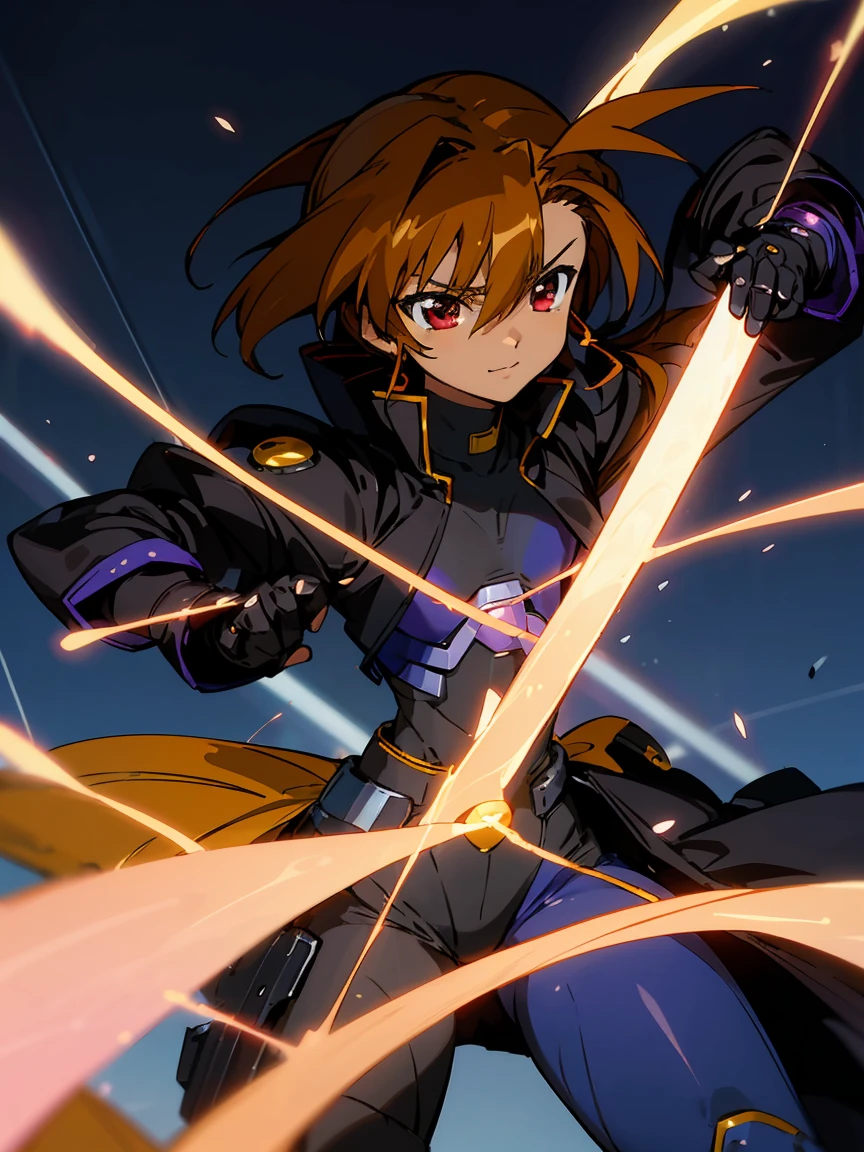 Dark skinned,otokonoko, cute,(1 beautiful boy) very long dark brown hair, red eyes, (flat chested) wearing (Magical Girl Lyrical Nanoha StrikerS: Vivio Takamachi black barrier jacket black armoured bodysuit outfit), blue armoured gauntlets, cute smile, close up, bright blue sky background,