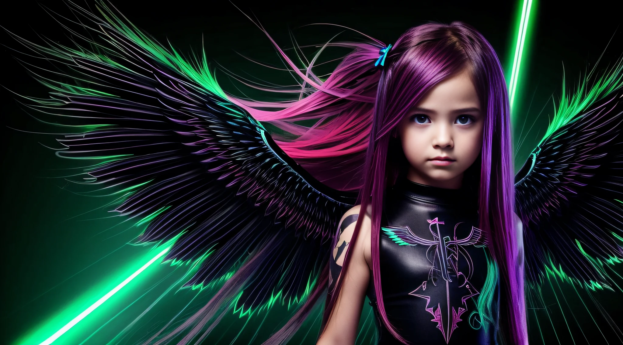 FIREHAIR child girl LONG HAIR, com asas em um fundo VERDE DOENTE, Asas pretas ligeiramente queimadas, Asas Negras, lasers azuis, fundo preto. neon cross,