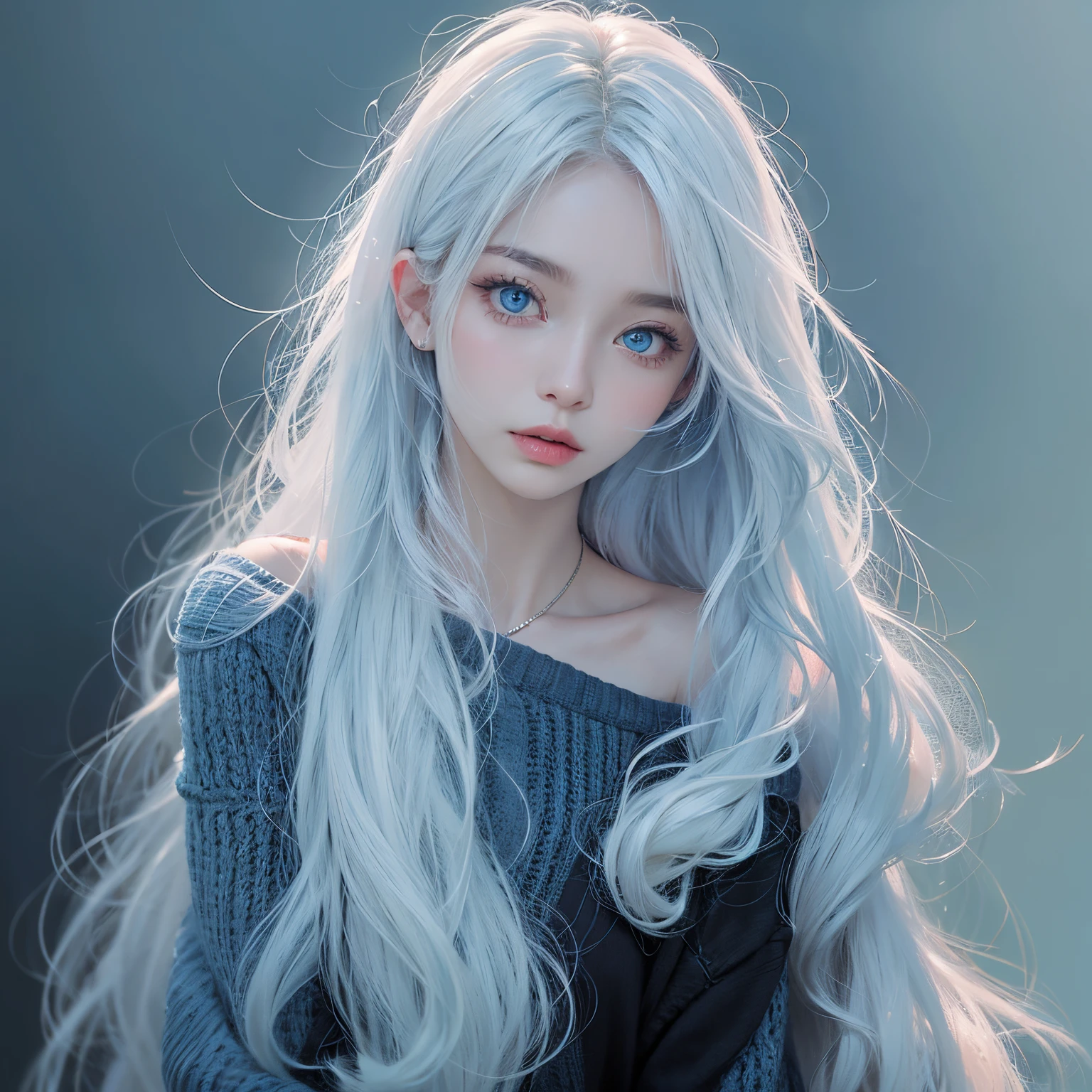 long white hair、Blue eyes、Cool woman、Wearing off-the-shoulder knitwear、My hands are lowered and cannot be photographed.、bustup、The background is black with blue light、Beautiful work