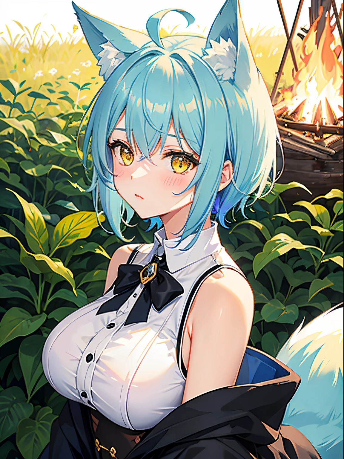 1girl in, fox ear, light blue short hair,bangs pinned back,Ahoge,Colored inner hair, yellow eyes,Cute, blush, medium breast, utumnal, campsite, bonfire