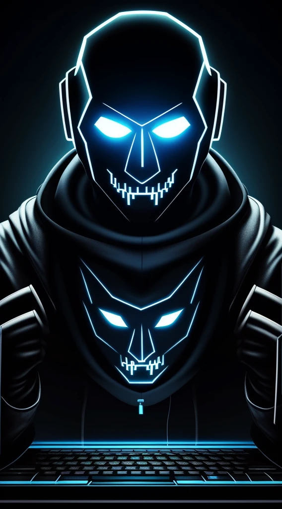 A 1 hacker , ((A computer)) , Dark environment, Scary mask