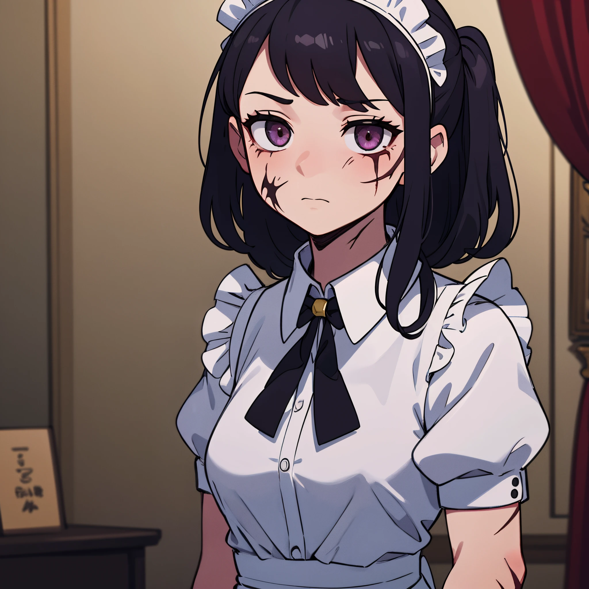Only one girl, 1girl, inside the mansion, emotionless face, scarred face, body covered in scars, wearing maid clothes