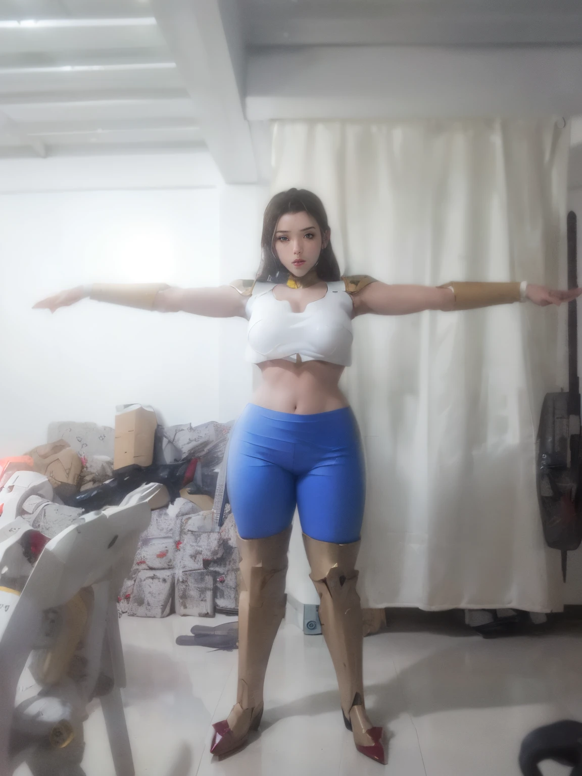 super texture, unreal engine render, Physically-based rendering, The ultra -The high-definition, 16 K, 1080p, (1girl in, Alone, Solo), (Super Detailed Face), (slender), narrow waist, (Large breasts:1.5), (cleavage top:1.3), (Muscular abs:1.2), (Wearing red shiny mecha Overwatch armor, Black Mecha Skin Tight Suit Pants, Mecha Guard Armor Leg, high-heels:1.5) , (Glowing skin:0.8), (cowboy shot:1.1), (Looking at Viewer:1.3), (female focus:0.886), (walking down hallway of futuristic space station:1), (Bright Light White Room:1.3),