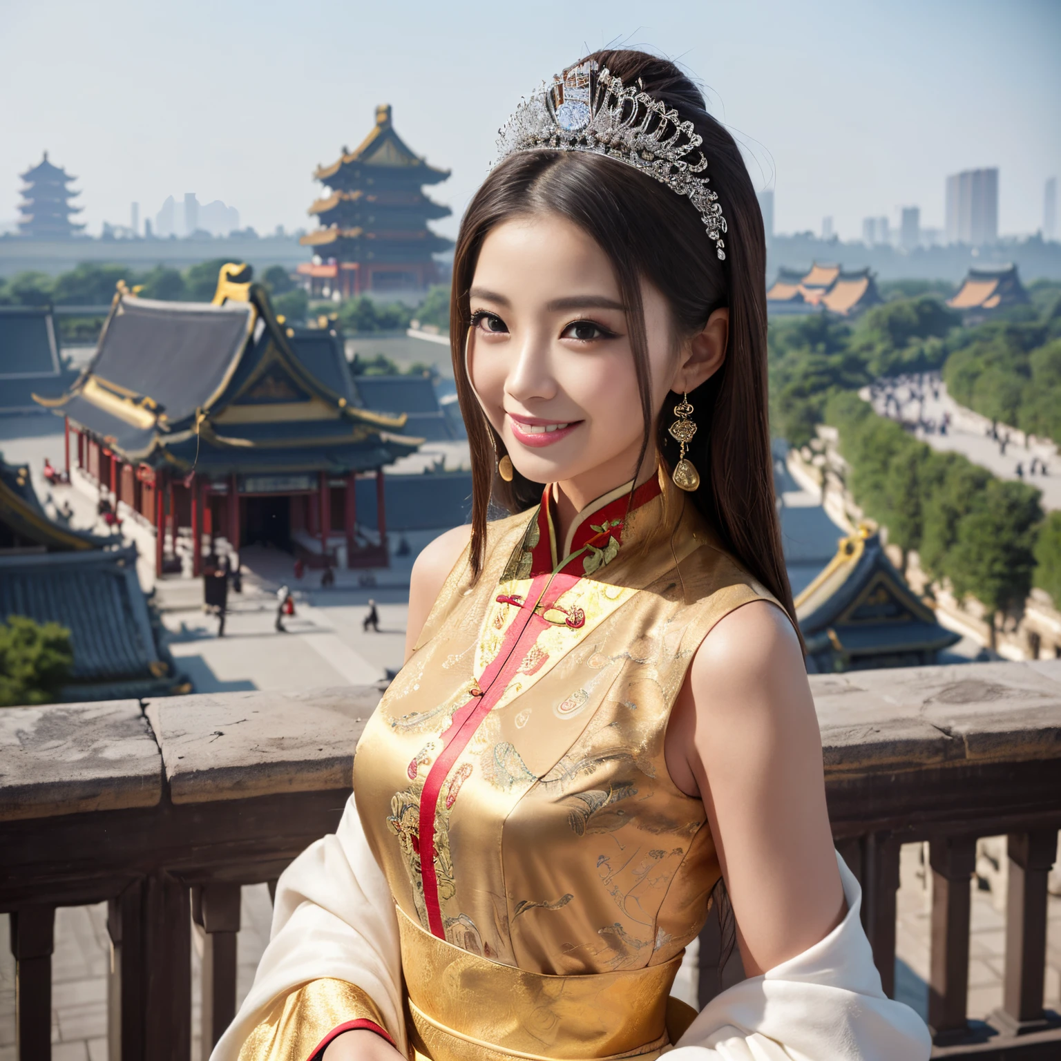 ((top-quality、masutepiece、8K、Top image quality、Very complex and detailed details))、(Chinese princess upper body photo:1.5)、((chinese princess、An elegant princess、most gorgeous chinese princess costume、Gorgeous capital of ancient China、The most luxurious architecture of ancient China、the most complex and luxurious architecture、A city of unimaginable luxury、Very complex decoration))、(View me、Look at viewers、perfect anatomia、Biggest smile、The happiest smile)