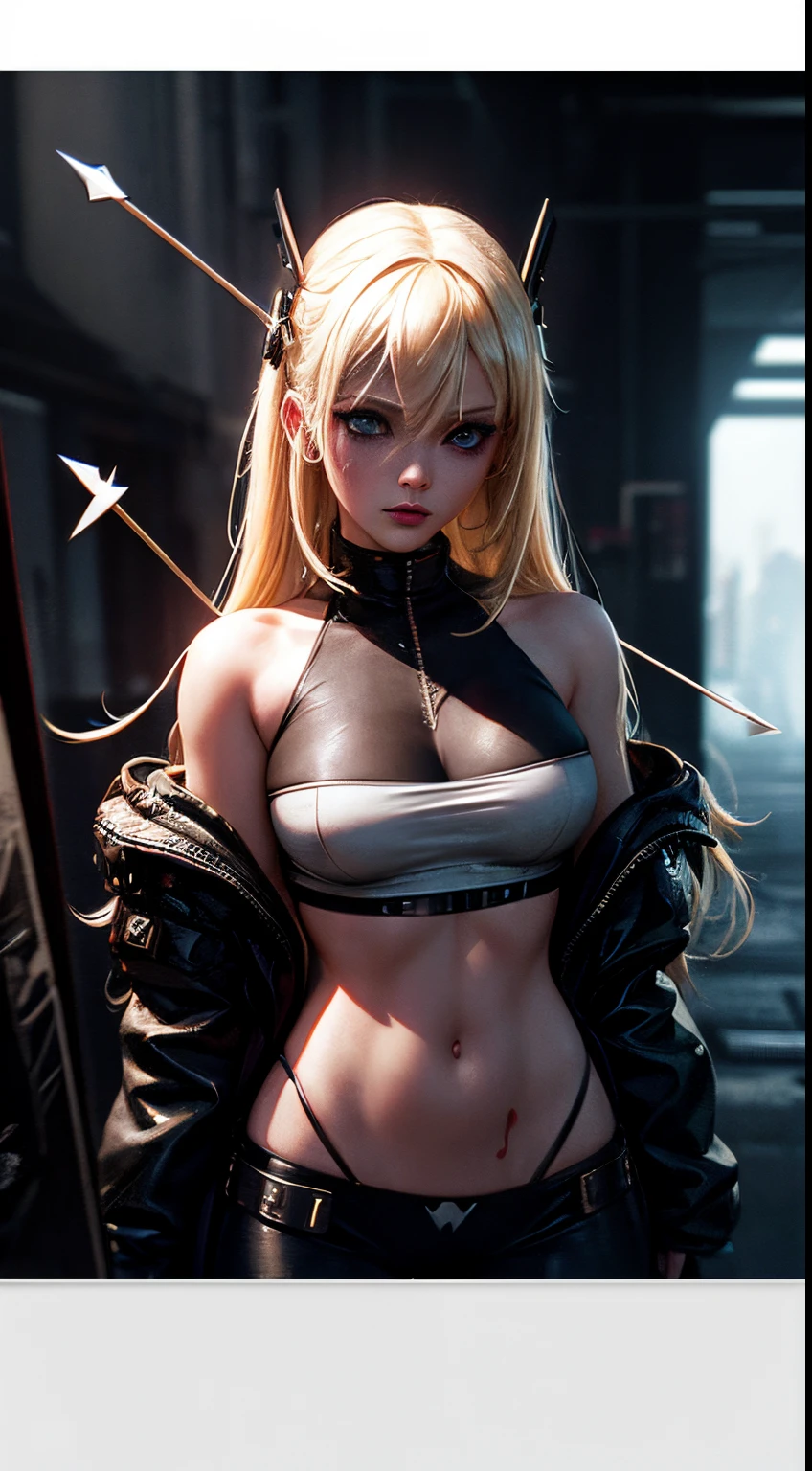 A beautiful and sweet cyberpunk blonde, a digital painting of a woman with Love Makeup with arrows, Heart-shaped makeup, cgsociety, gothic art, dystopian art, detailed painting, behance hd, figurative art, anime aesthetic, deep photography, Ilford HP5 film, crushed blacks, depth of field, dark photo, film grain, shadows, natural light