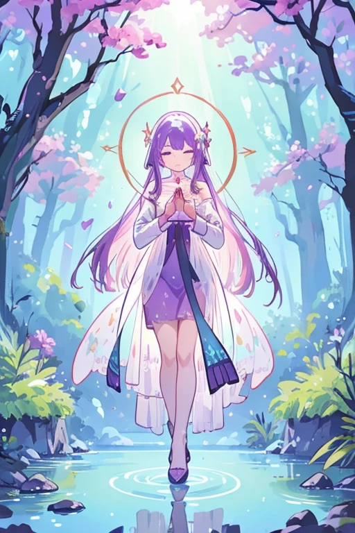 reflection of trees, ethereal mist, colorful flowers, magical creatures, shimmering sunlight, serene atmosphere, tranquil vibes, enchanting beauty, hidden treasures, ethereal music, surreal landscape, soothing sounds of nature, mesmerizing aura, gentle breeze, vibrant wildlife, mystical energy, divine presence, hidden pathways, ancient ruins, majestic waterfalls, infinite possibilities, spiritual awakening, peaceful harmony, transcendent experience, celestial beings, ethereal glow,girl with gradient black and purple hair , clear face