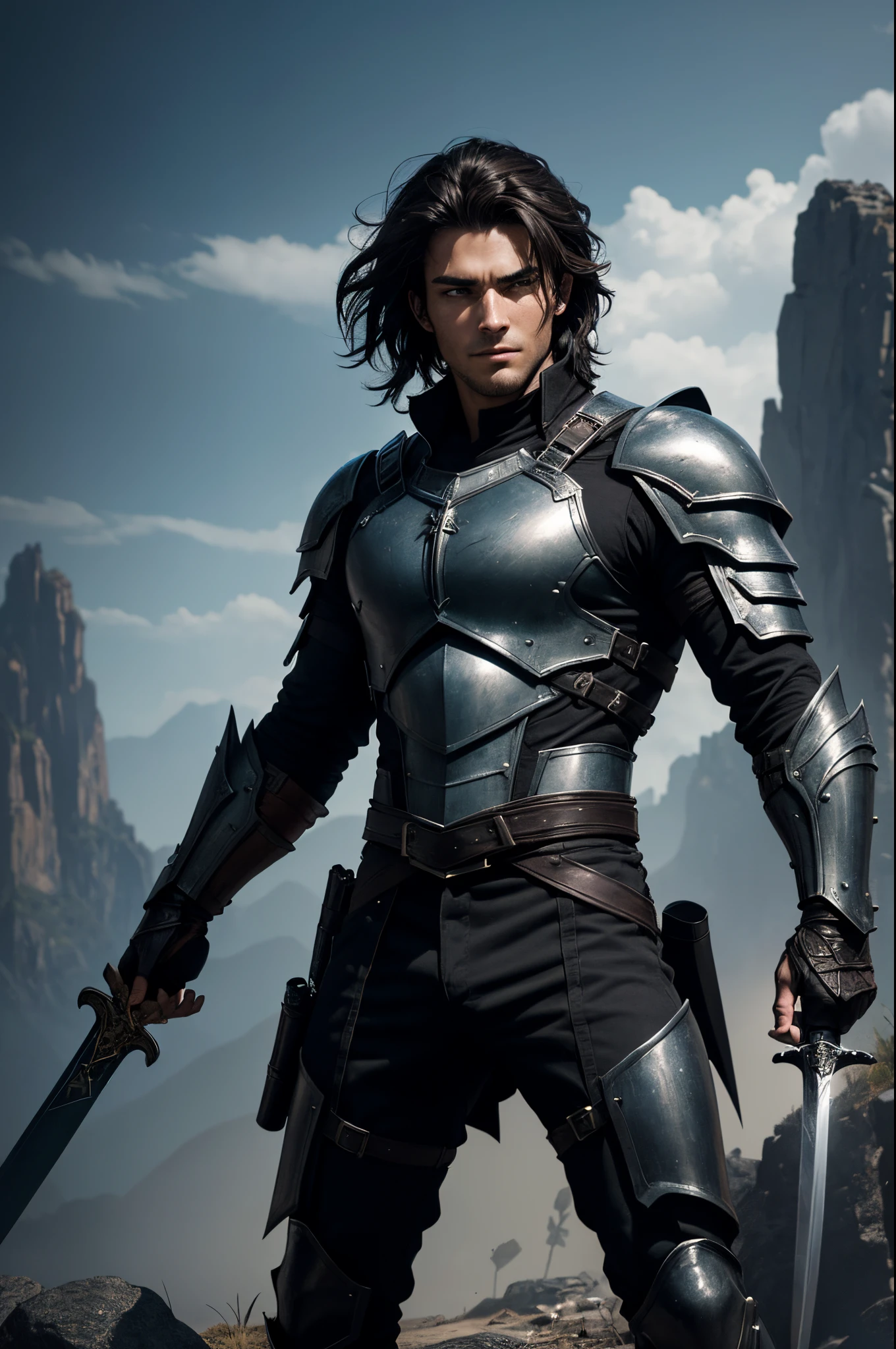 8K,A young man in jet black armor holding a sword in the wilderness,Demon slayer wearing jet black armor, disheveled brown hair,Super handsome young man,Graphic Artist ,epic exquisite character art, 超A high resolution,super realistic skin,Fantasyart,action scene,acrobatic scene,youth,lad,good-looking,