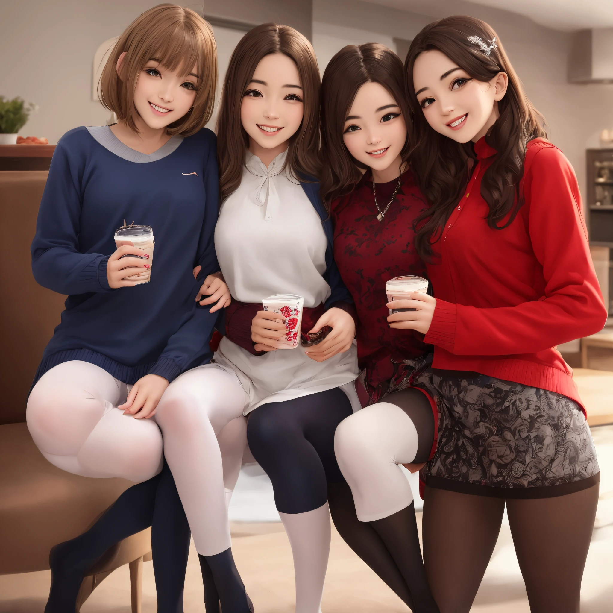 Masutepiece, La mejor calidad, illustration, Ultra detallado, Detalle fino, high resolusion, Fondo de pantalla de 8k, perfect dynamic composition, hermosos ojos detallados, Ropa interior roja, pechos grandes, Labio de color natural, Poses aleatorias y sexys,They are smiling,Dormitorios、Looking at the camera、A 23-year-old girl、Enfatiza el escote, imagen de pies a cabeza in pantyhose