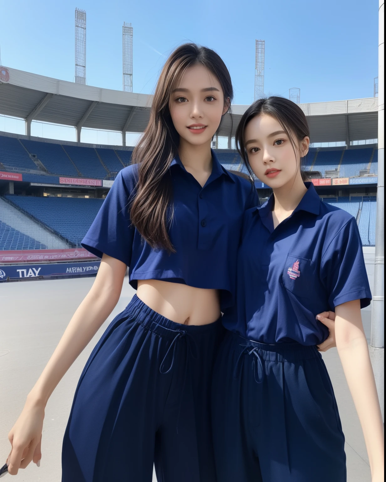 (bestquality,10,10,highres,masterpiece:1.2),ultra-detail,(Realistic,photorealistic portrait,photo-realistic:1.37),1 Cute girl in the football field,oily shiny skin,bara,light smile,BDclothes,((blue shirt:1.3)),short sleeves,shirt, trousers.,(navy_long_Pants Track:1.1), ((Stadium Background:1.3)),dynamic angle,excited,face focus,Dynamic Poses,from behide,Ass Focus,masterpiece, bestquality, ultra realistic, hyper-detail, 8k resolution, RAW photo, crisp focus, ((Navy blue shirt:1.1)), short sleeves, Long Path, Perfect body, 2 mature women, 18yo, cinematic light,Blue sweatpants,Gymware,Correct anatomy,Complete body, Correct body, sharp face, Anatomically correct body, full entire body, Realistic gestures, long-haired, Realistic poses,Wear long shorts...........................,Long leg span,Shapely,Sculpting Girl, Slender Figure, mannequin mannequins, Shapely, Beautiful body,Blue sweatpants, Two girls kissing
