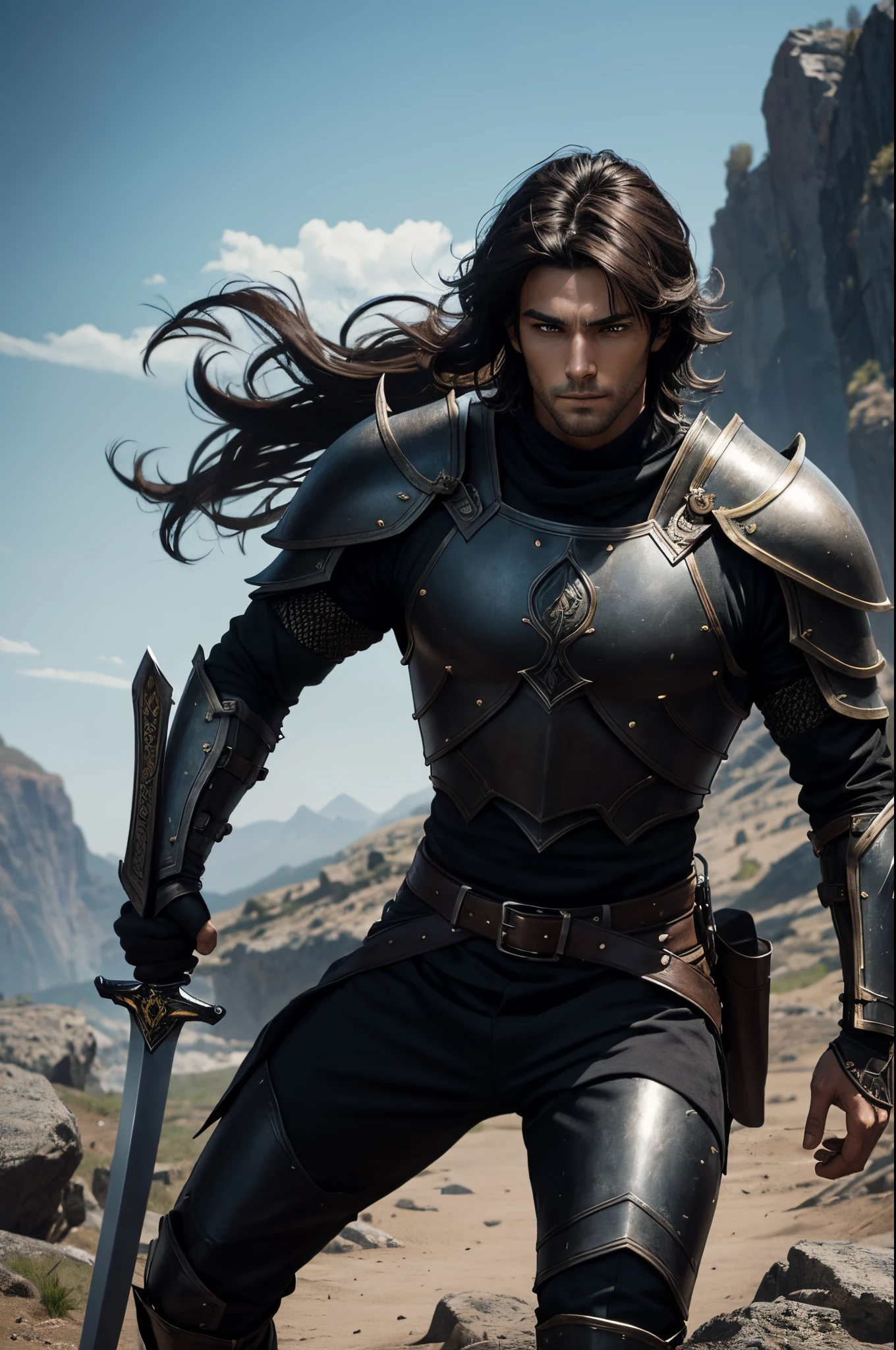 8K,A young man in jet black armor holding a sword in the wilderness,Demon slayer wearing jet black armor, disheveled brown hair,Super handsome young man,Graphic Artist ,epic exquisite character art, 超A high resolution,super realistic skin,Fantasyart,action scene,acrobatic scene,youth,lad,good-looking,have a long and large sword,Precise details of the hand holding the sword,