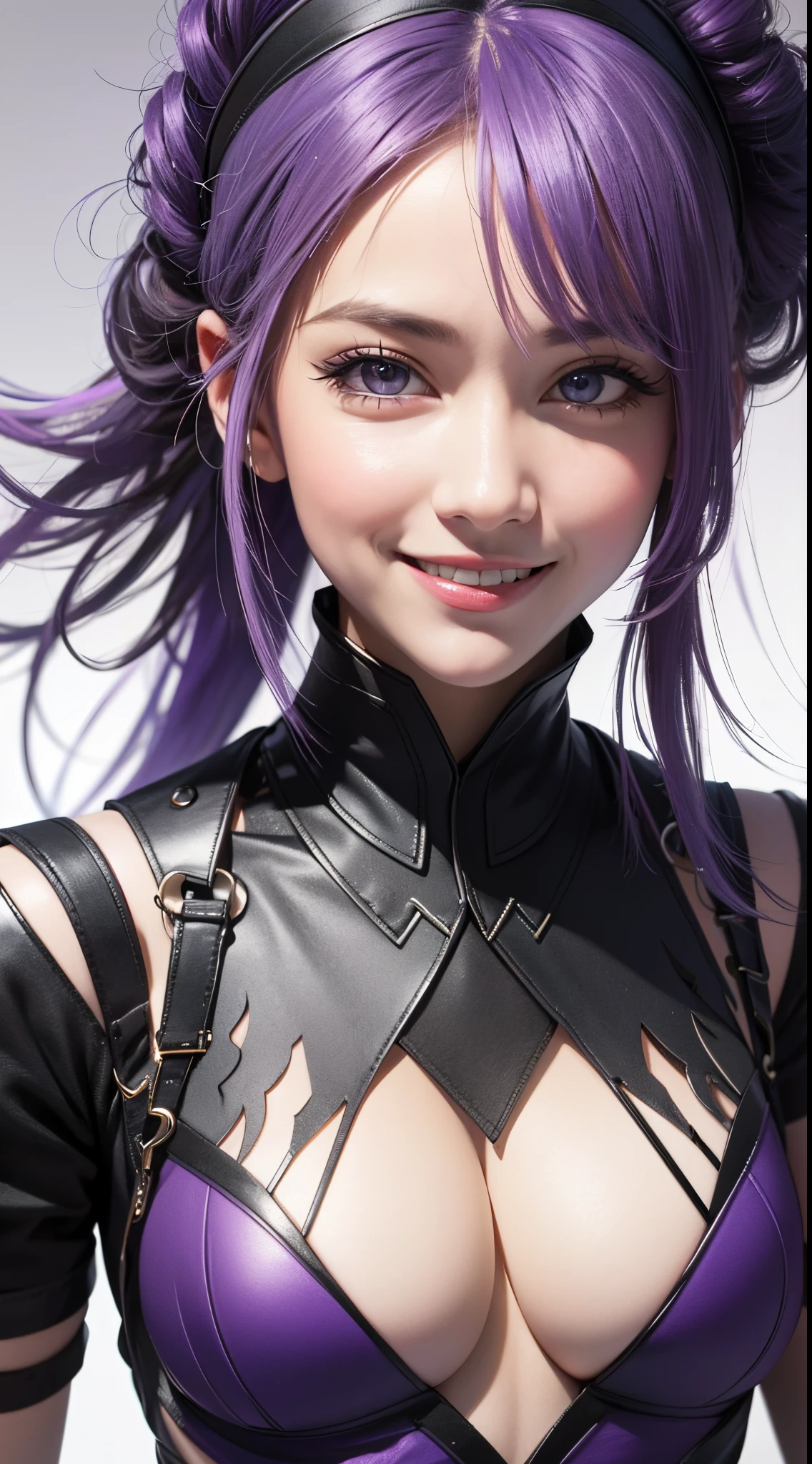 eye reflection, purple hairband, smile, UHD, retina, masterpiece, ccurate, anatomically correct, textured skin, super detail, high details, high quality, best quality, highres, 1080P, HD, 4K, 8k, 16k