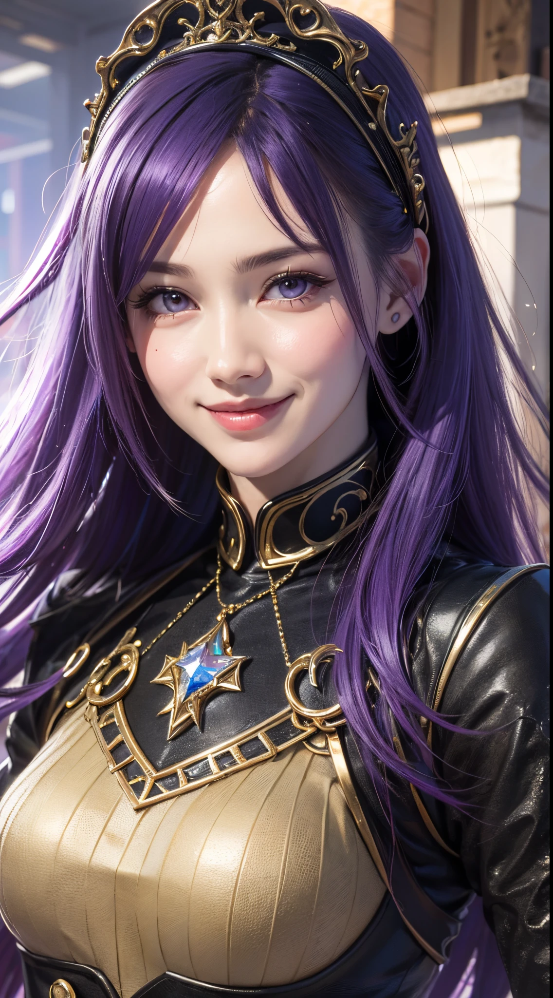 eye reflection, purple hairband, smile, UHD, retina, masterpiece, ccurate, anatomically correct, textured skin, super detail, high details, high quality, best quality, highres, 1080P, HD, 4K, 8k, 16k