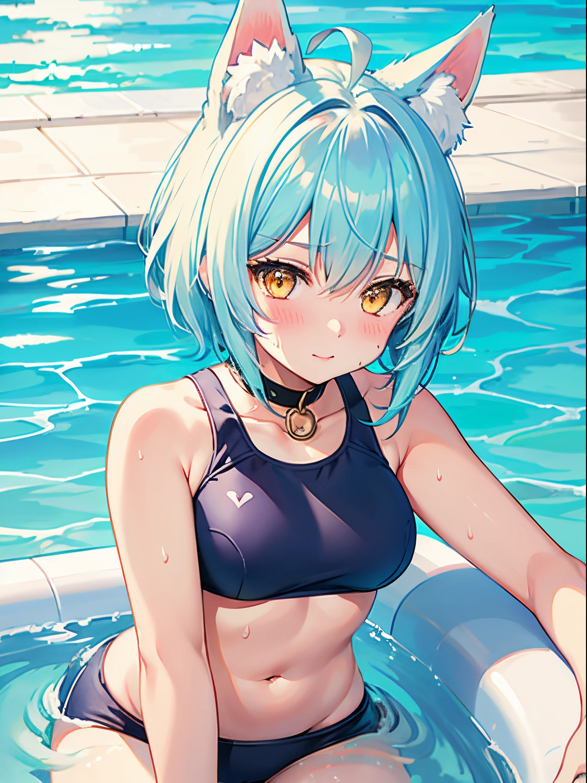 1girl in, fox ear, light blue short hair,bangs pinned back,Ahoge,Colored inner hair, yellow eyes,Cute, blush, medium breast, pool, school swimwear, sweat, afternoon