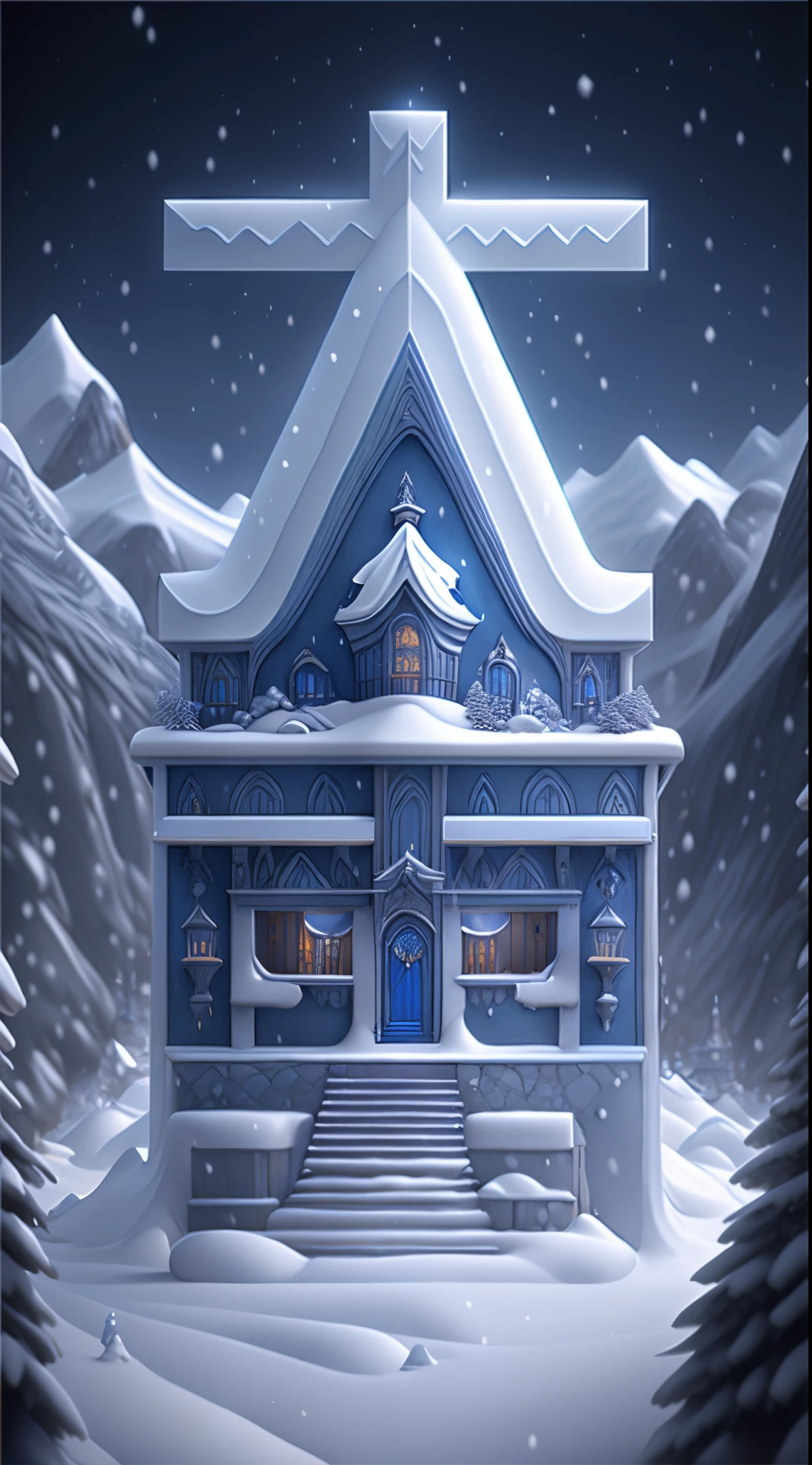 snow mountains，Sapphire Castle，Blizzarding，3 Rendering，Fantasyart，Surreal，,the ultra-detailed,