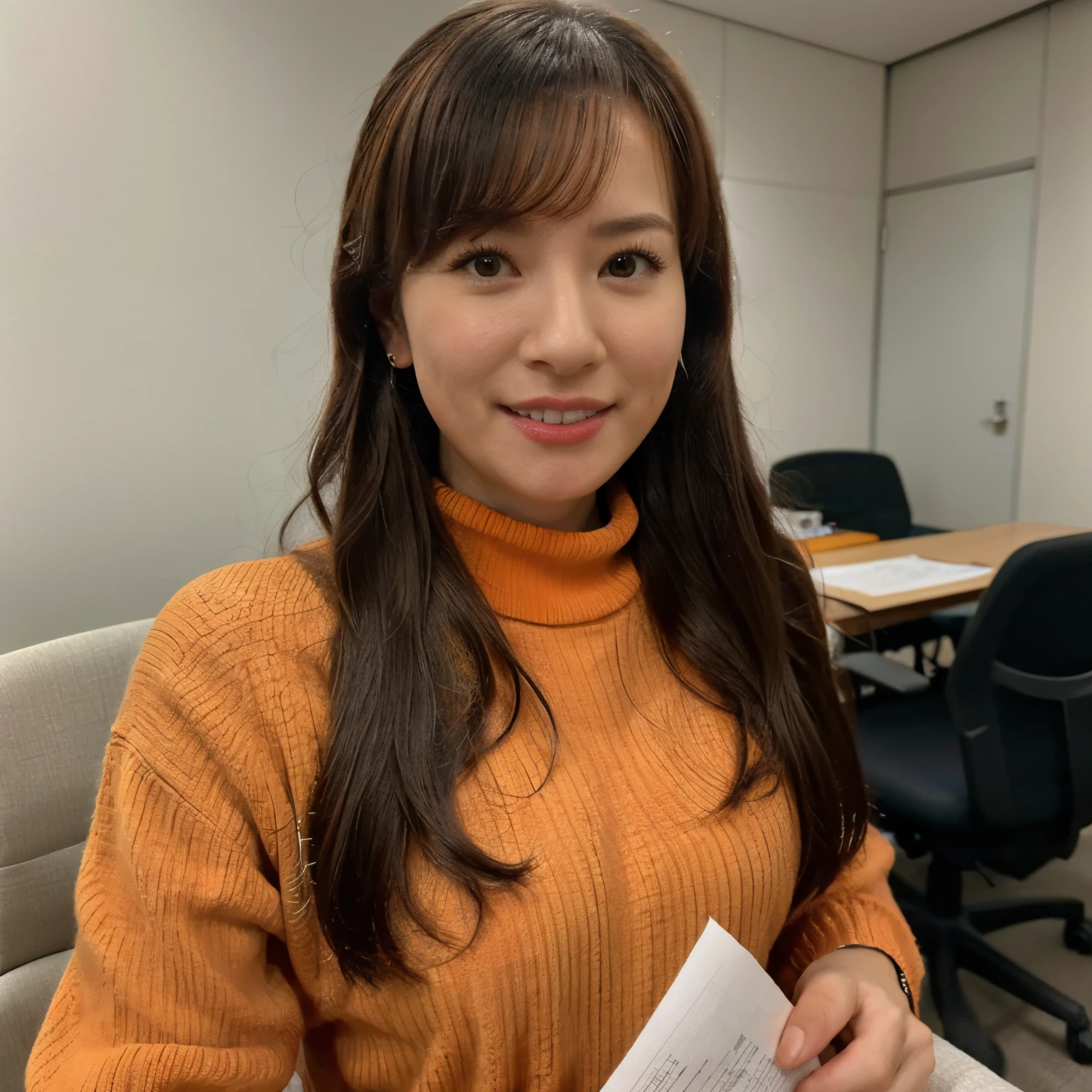 High resolution、High level image quality、high detail、masterpiece、realistic skin,、rough skin、(anatomically correct)、1 person、(((Holding the award certificate with both hands next to the face)))、((Japanese 28 year old female))、((whole body))、facing forward、The photo shows up to the waist、wearing a sweater