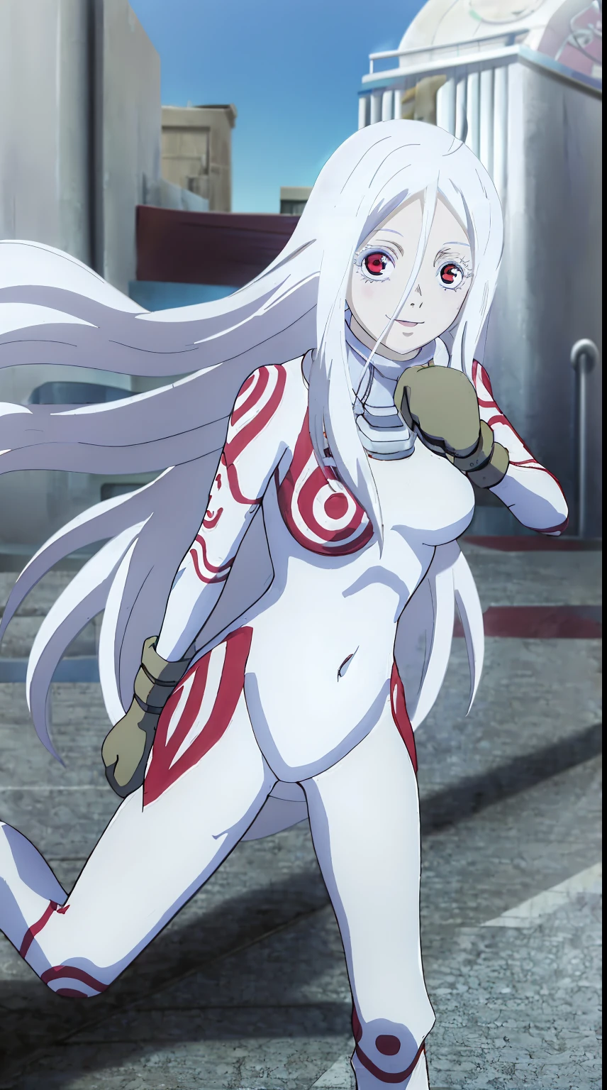 ((best quality)),((highly detailed)),masterpiece,absurdres,detailed face,beautiful face,(detailed eyes, deep eyes),(1girl),((dynamic pose)), Shiro, 1girl, solo, long hair, white hair, smile, red eyes, bodysuit, medium breasts, breasts, ahoge, navel, collar, sky, no humans, very long hair, blurry, looking at viewer, outdoors, gloves, full body