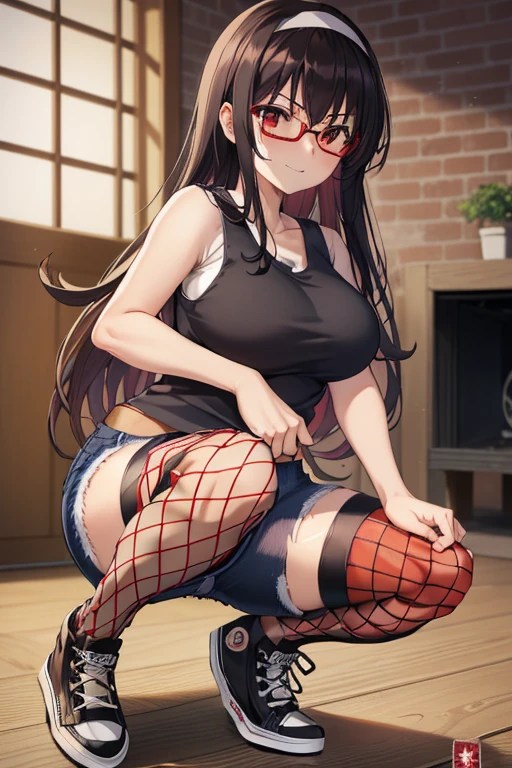 kasumigaokautaha, ((full body)), ((full pose)) utaha kasumigaoka, black hair, hairband, long hair, (red eyes:1.5), masterpiece, best quality, highres, kasumigaoka utaha, 1girl, solo, ((squating:1.4)), ((black glasses)), ((black tank logo:1.4)), ((fishnet stockings:1.4)), ((short jeans:1.4)),((black converse shoes:1.4)), medium breasts, blushing, black hair, hairband, red eyes, ((white hairband)), bangs, medium breasts, blushing, ((smug face)), cowboy shot, ((looking at viever)), livingroom background