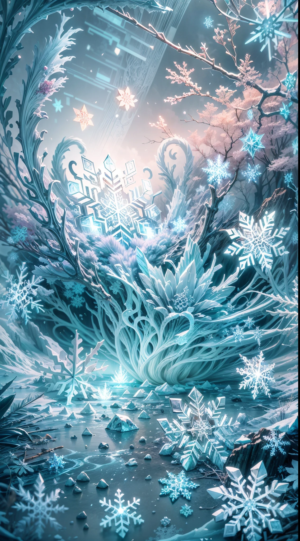 (best quality,4k,8k,highres,masterpiece:1.2),ultra-detailed[detailed] snowflakes, abstract chaos element, vibrant colors, intricate patterns, mesmerizing fractals, glossy finish, high contrast, unique shapes, sparkling textures, dynamic composition, surreal atmosphere, dreamlike scenery, delicate crystal formations, ethereal beauty, frozen motion, otherworldly aesthetics, captivating intricacy, icy elegance, harmonious chaos, mystical allure
